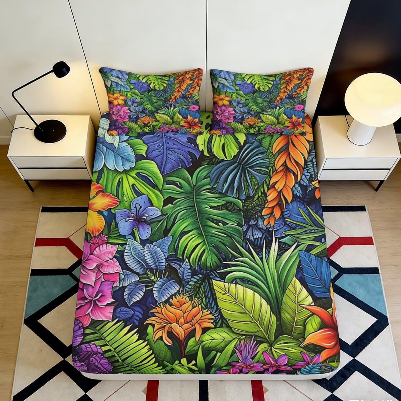 3D Printed Tropical Jungle Fitted Sheet Microfiber Soft Breathable Rainforest Mattress Cover for Bedroom Guest Room Decor 140x200x25cm