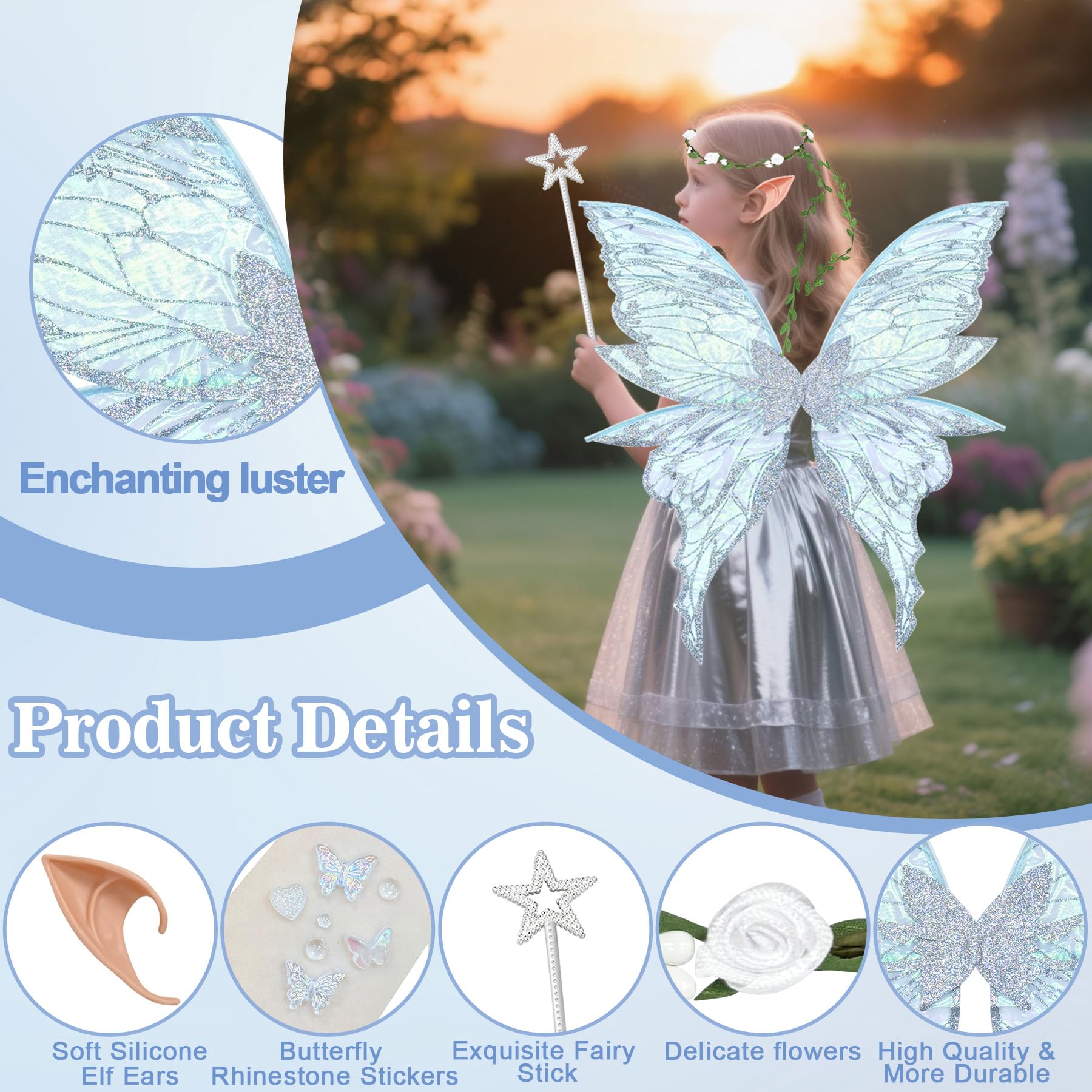 YeahBoom Children's fairy wings, butterfly wings with elf ears, fairy headband and star fairy wands, butterfly wings - Image 3