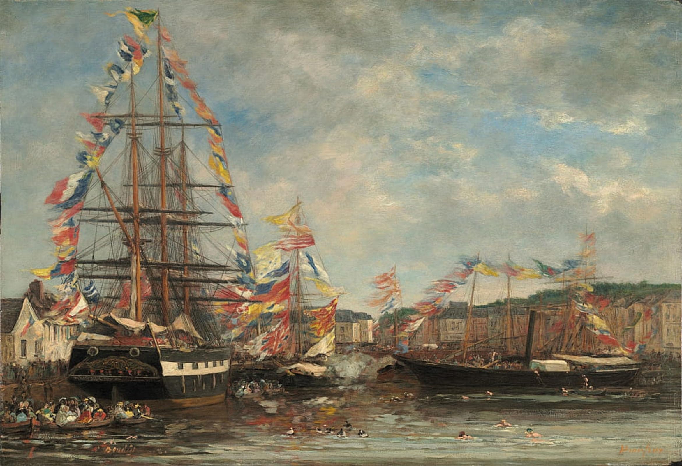 SERENDIPITP Abstract Painting Mural Print Picture Wall Decor Painting Festival in the Harbor of Honfleur by Eugene Louis Boudin Vintage Wall Artwork for Home Decor 60x90cm
