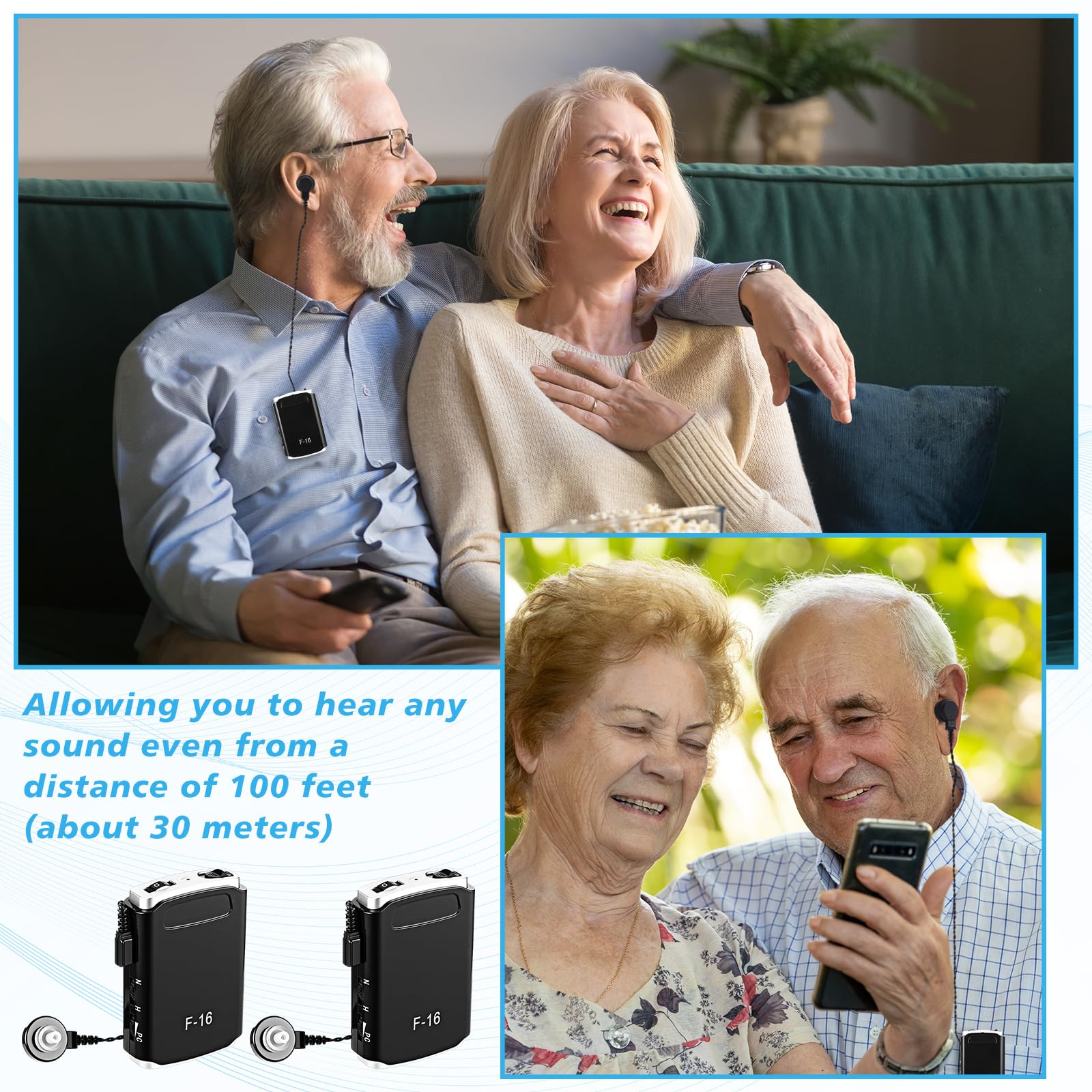 Geiserailie Paquete de 4 amplificadores auditivos personales, amplificador de sonido, dispositivo de mejora de la audición de voz con 8 niveles de volumen y auriculares para personas mayores, ganancia