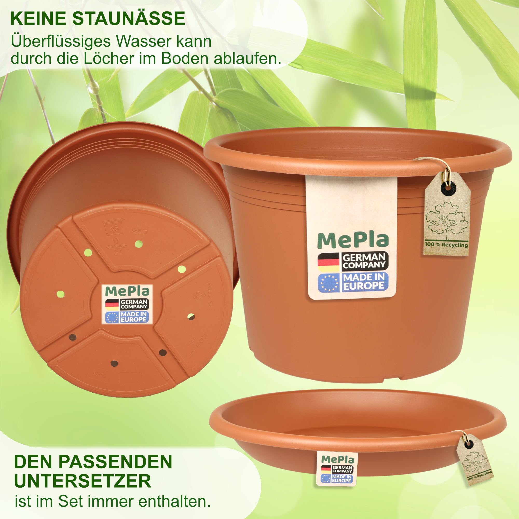 MePla - Blumentopf Pflanzkübel Cylindro ø60 cm + Untersetzer ø58 cm, Terrakotta, wetterfest aus UV-beständigem Kunststoff