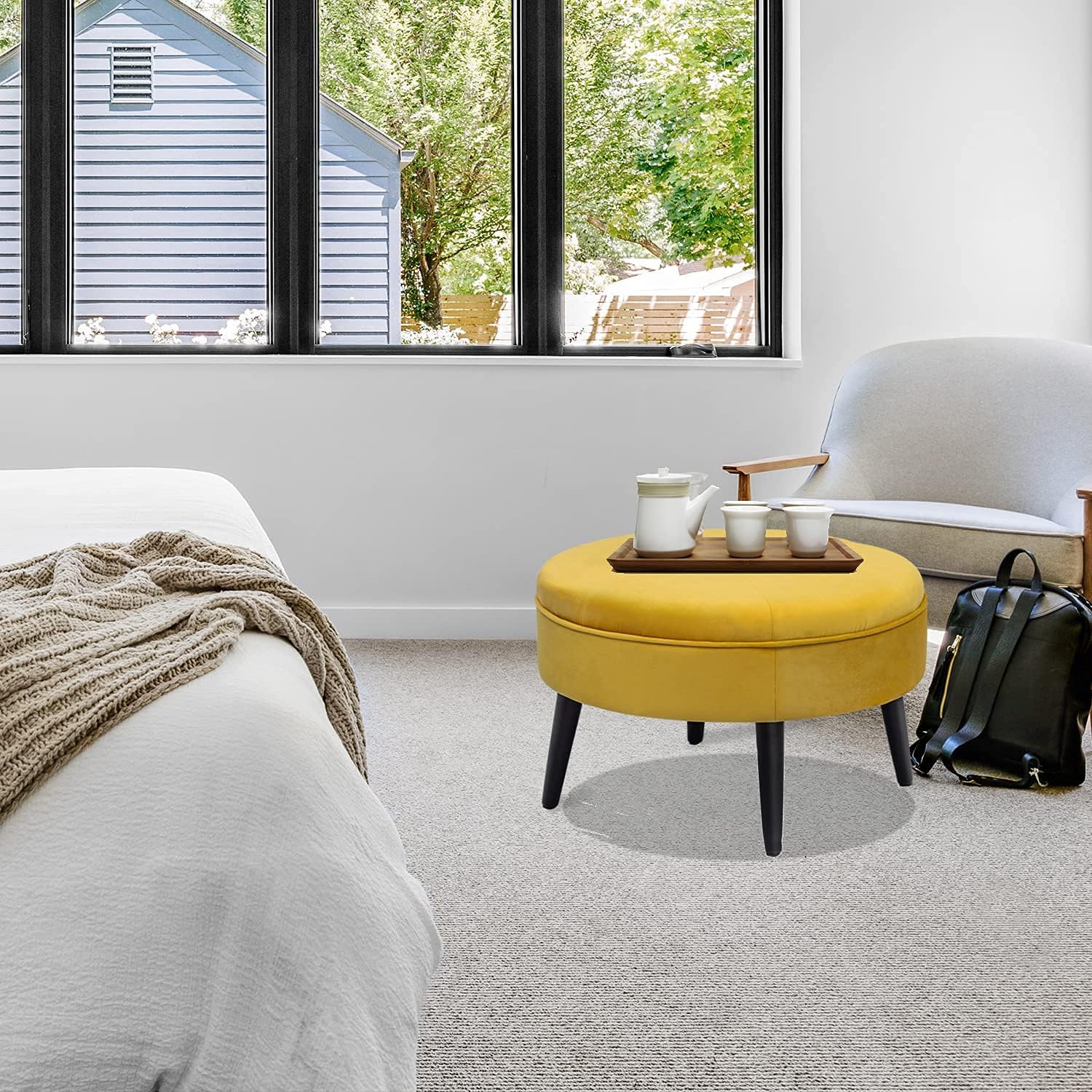 Homebeez 23" Round Velvet Footrest Stool, Upholstered Ottoman Coffee Table, Button Tufted Padded Foot Stools with Solid Wood Legs, Glassy Yellow