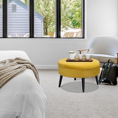 Miniatura 2 de Homebeez Taburete redondo de terciopelo de 23 pulgadas, mesa de centro otomana tapizada, taburetes acolchados con botones y patas de madera maciza,