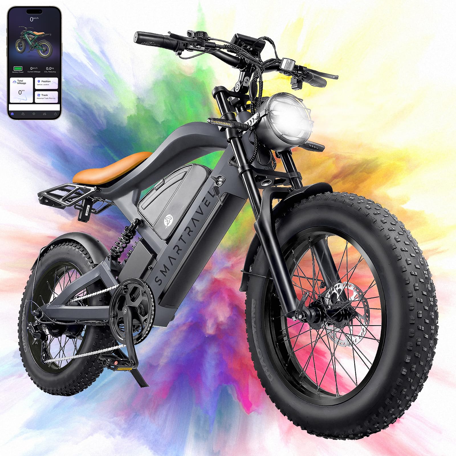 Electric Bike for Adults,GPS and APP Control Ebike,1500W Brushless Motor,48V/27Ah Removable UL&GCC Certification Battery,20"*4.0 Fat Tire,30MPH and 60Miles Range,Front/Rear Turn Signals