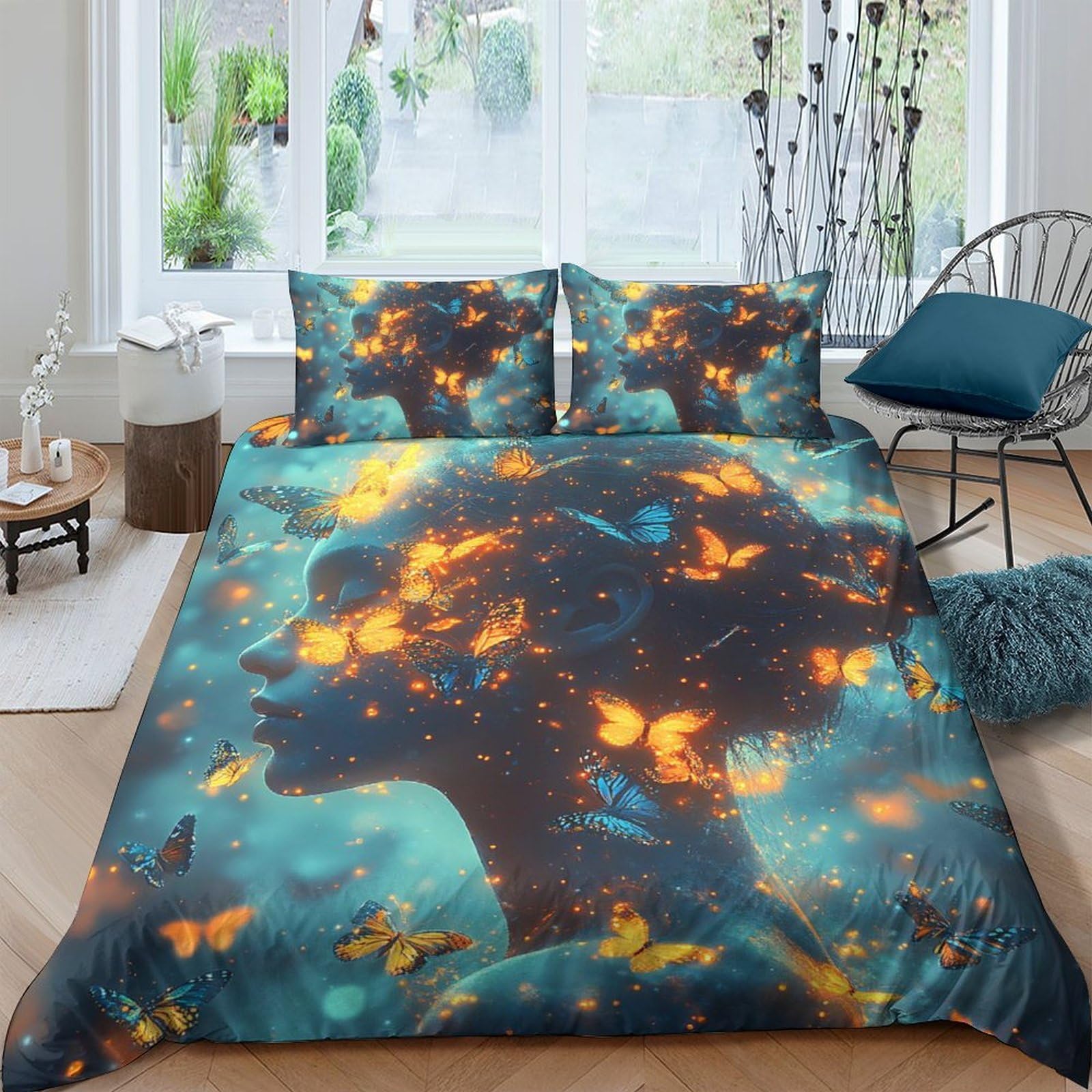 Ctjqhvkz Style-1 3D Printed Artistic Silhouette Fitted Sheet Microfiber Soft Breathable Butterfly Glow Mattress Cover Bedroom Decor Single（135X200cm）
