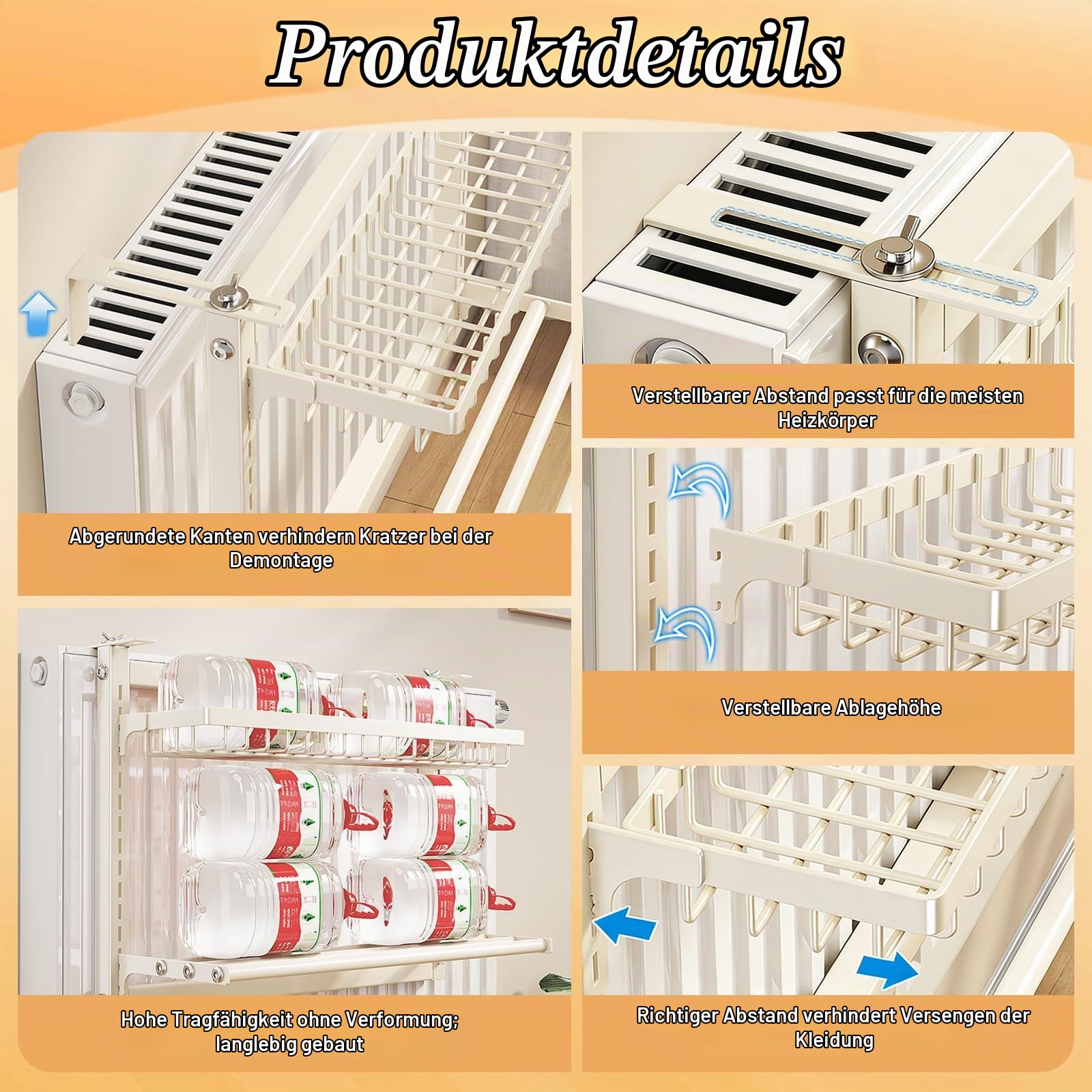 Handtuchhalter Heizkörper Beige, ohne Bohren, Wäscheständer Heizung, Heizkörperregal Einhängen, Kleidertrockner zum Heizen Heizkörper Zubehör für Küche, Bad, WC, Hotel, Dusch, usw.