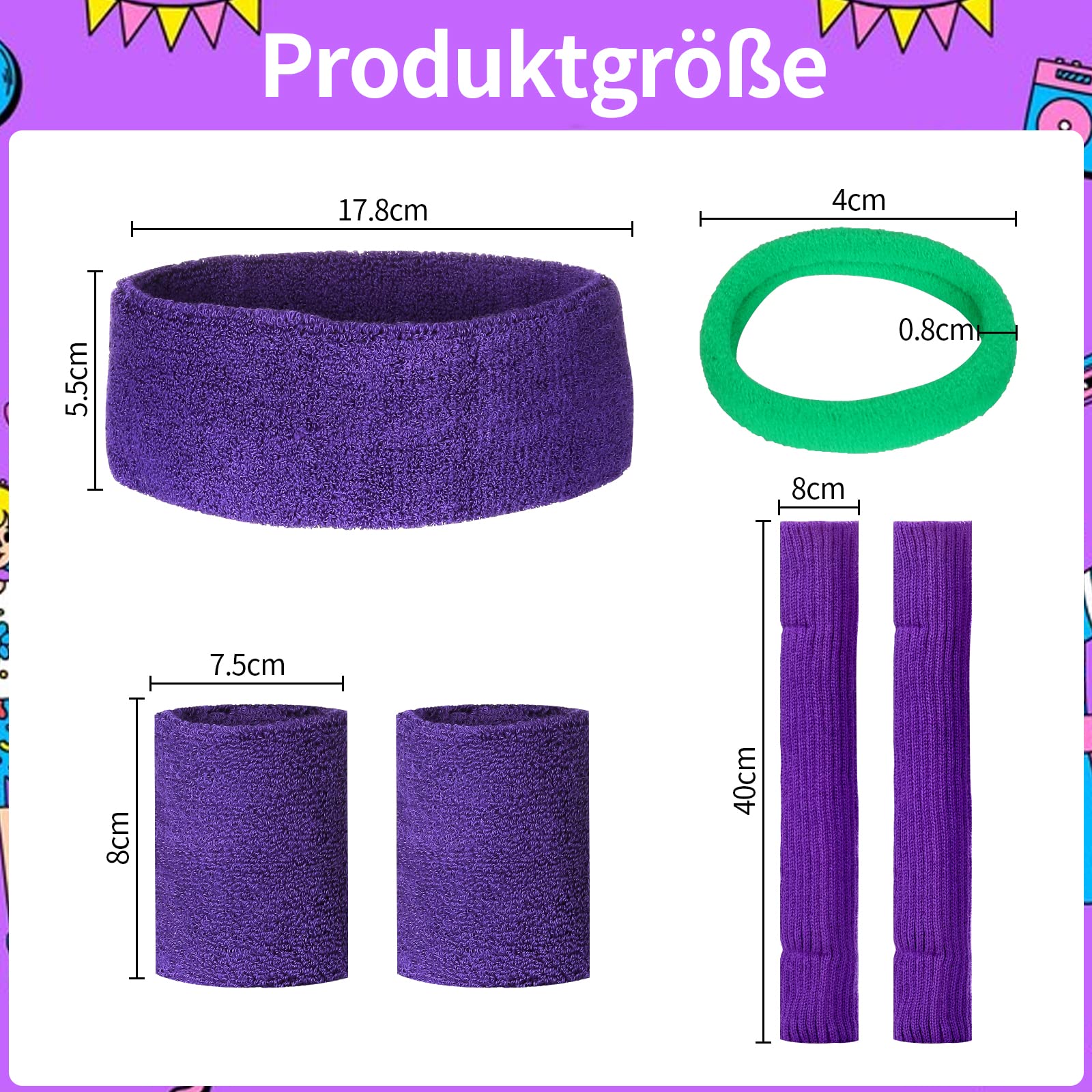 WDFCN 80s 90s Purple Leg Warmers Sweatband Set Purple Stockings Knitted Leg Warmers Running Headband Bracelets for Carnival Dance Aerobics Costume Accessories - Image 2