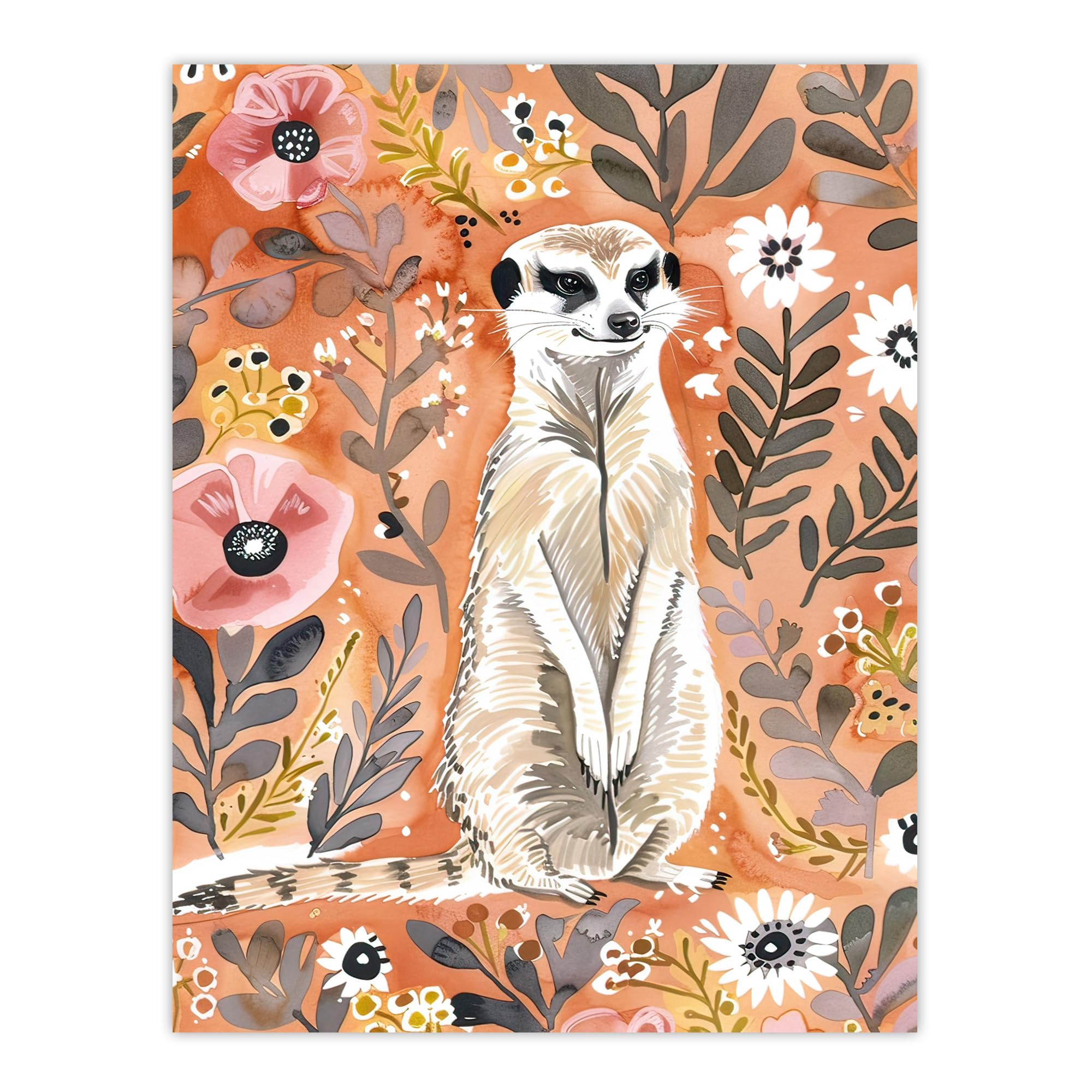 Artery8 Cute Meerkat with Wildflowers Orange Watercolour Living Room Extra Large XL Wall Art Poster Print