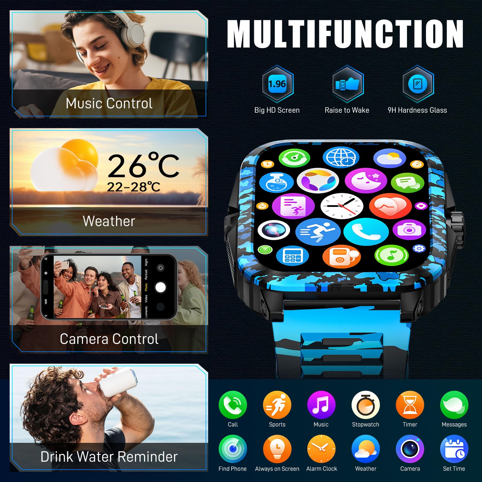 Relojes inteligentes militares para hombre (hacer/responder llamadas) pantalla de 1.97 pulgadas, rastreador de actividad al aire libre con más de 100 modos deportivos, monitor de salud, reloj