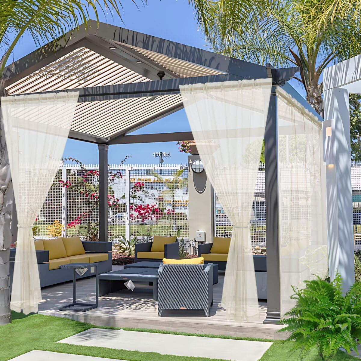 youleyar Outdoor Sheer Curtains for Patio Waterproof - 4 Panels Linen Look Rod Pocket Curtain Light Filtering Outside Drapes for Living Room, Pergola, Cabana, Gazebo, 52" W x 84" L, Ivory