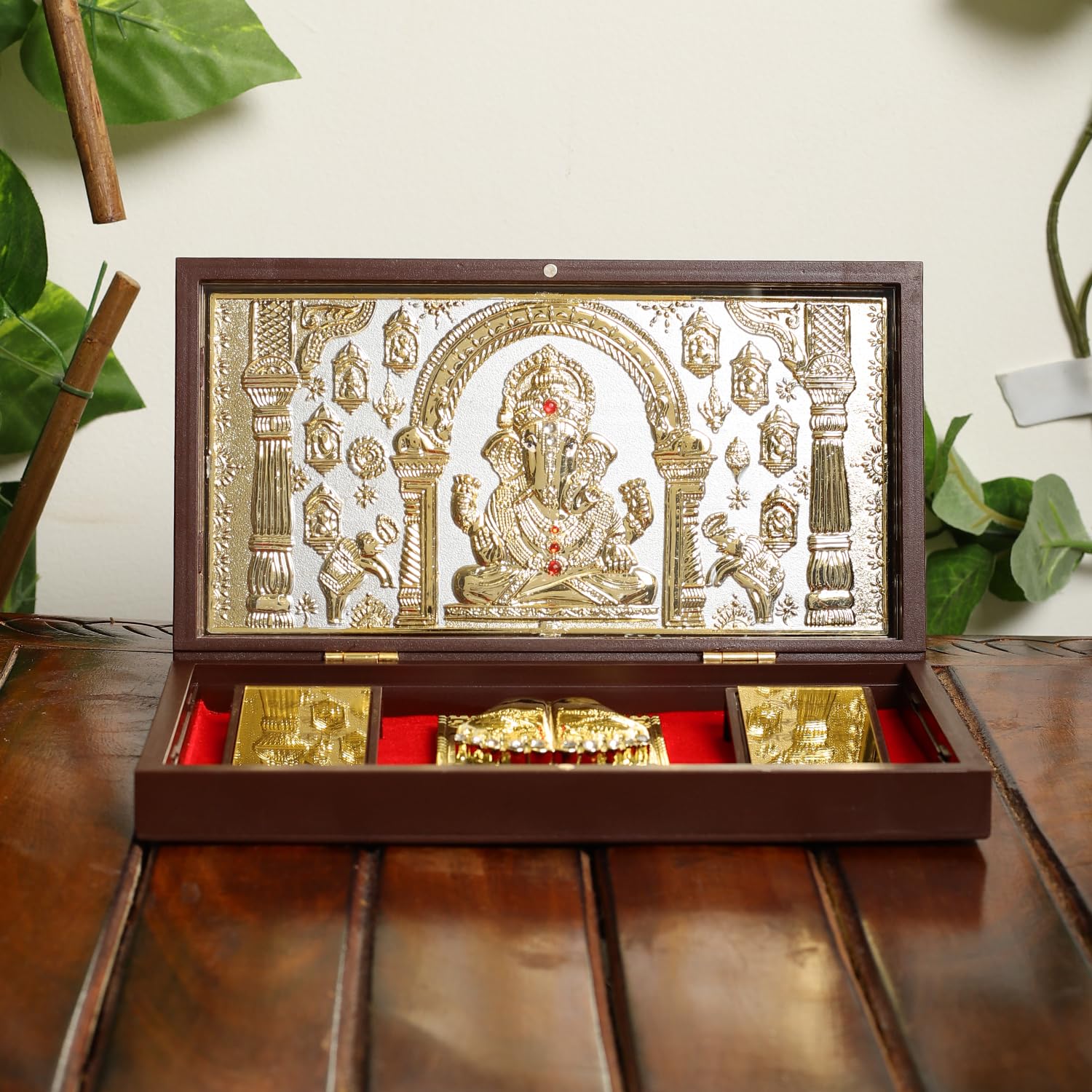 INTERNATIONAL GIFT® Gold Plated Shree Lord Ganesh Idol Frame Charan Paduka Box | for Best Diwali Gift, Tabletop Pocket Temple for House Warming Return & Corporate Gifts