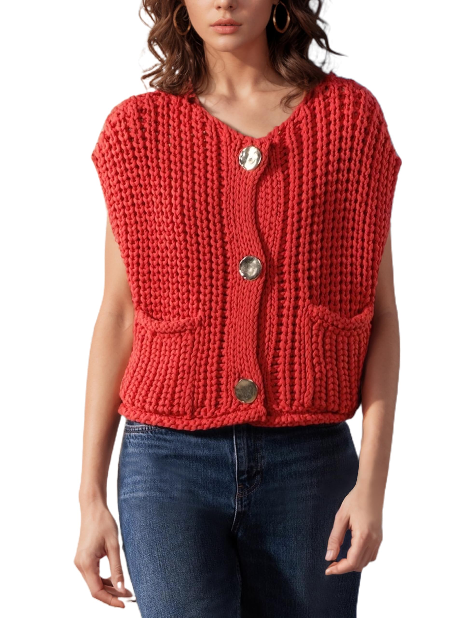 Womens Casual Chunky Knit Vest Gold Button Down Crop Crochet Sleeveless Sweater Vest