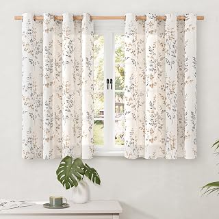 BGment Short Linen Curtains for Small Window 54 Inch Length 2 Panels, Boho Light Filtering Privacy Curtains for Farmhouse Bedroom Basement Bathroom, Cottage Leaf Design, Each 52 Inch Wide, Brown