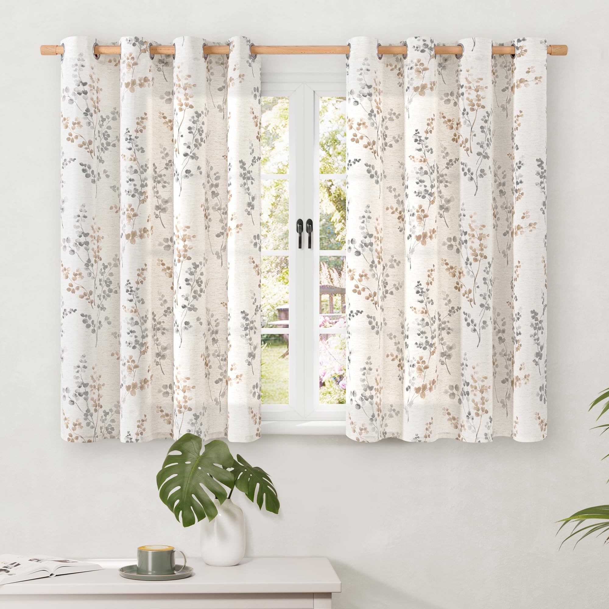 BGment Short Linen Curtains for Small Window 54 Inch Length 2 Panels, Boho Light Filtering Privacy Curtains for Farmhouse Bedroom Basement Bathroom, Cottage Leaf Design, Each 52 Inch Wide, Brown