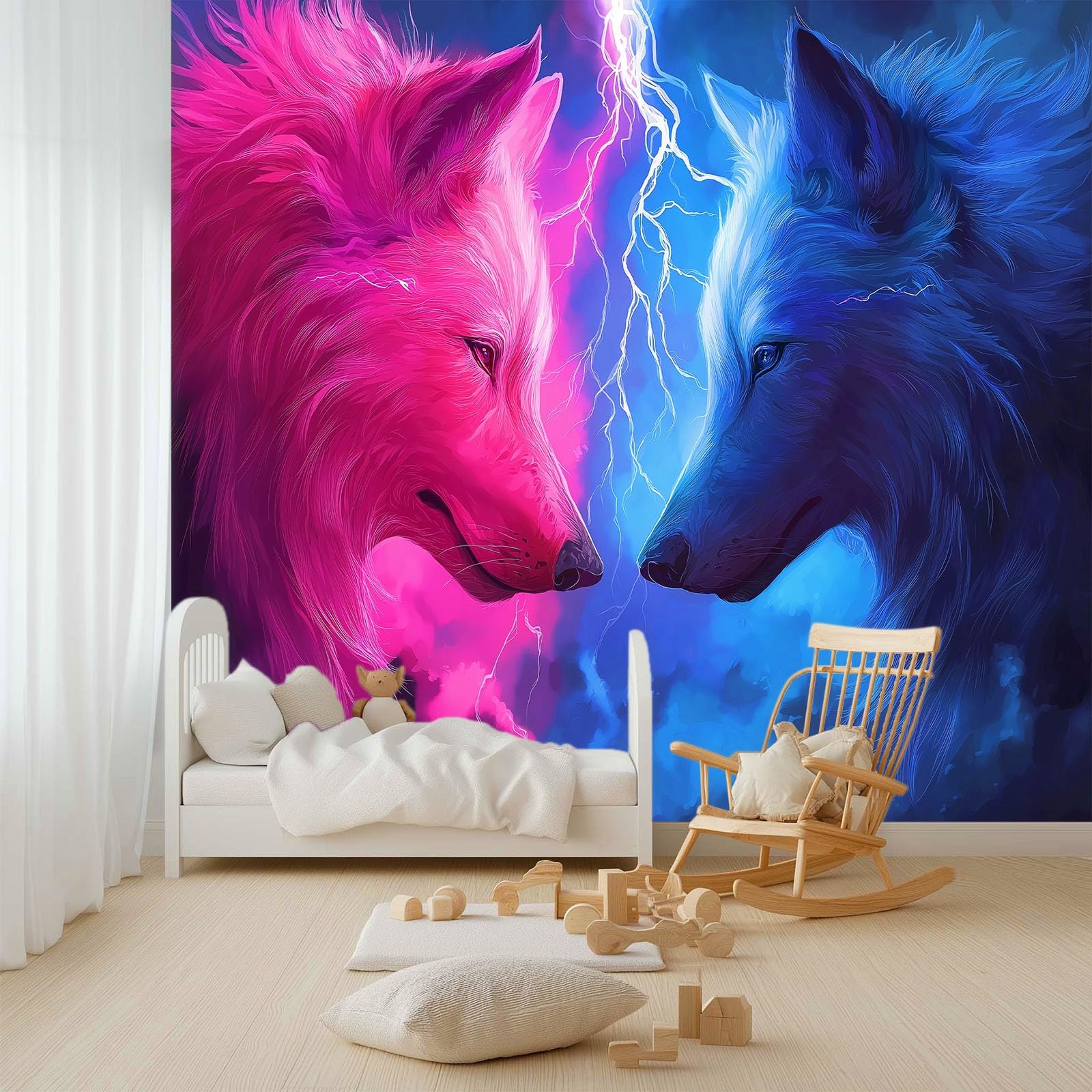 Générique Panoramiczna tapeta fantazyjne zwierzęta wilk błyskawica niebieski puder plakat ścienny z włókniny 350 x 256 cm dekoracja ścienna do salonu, sypialni, biura i tła telewizora