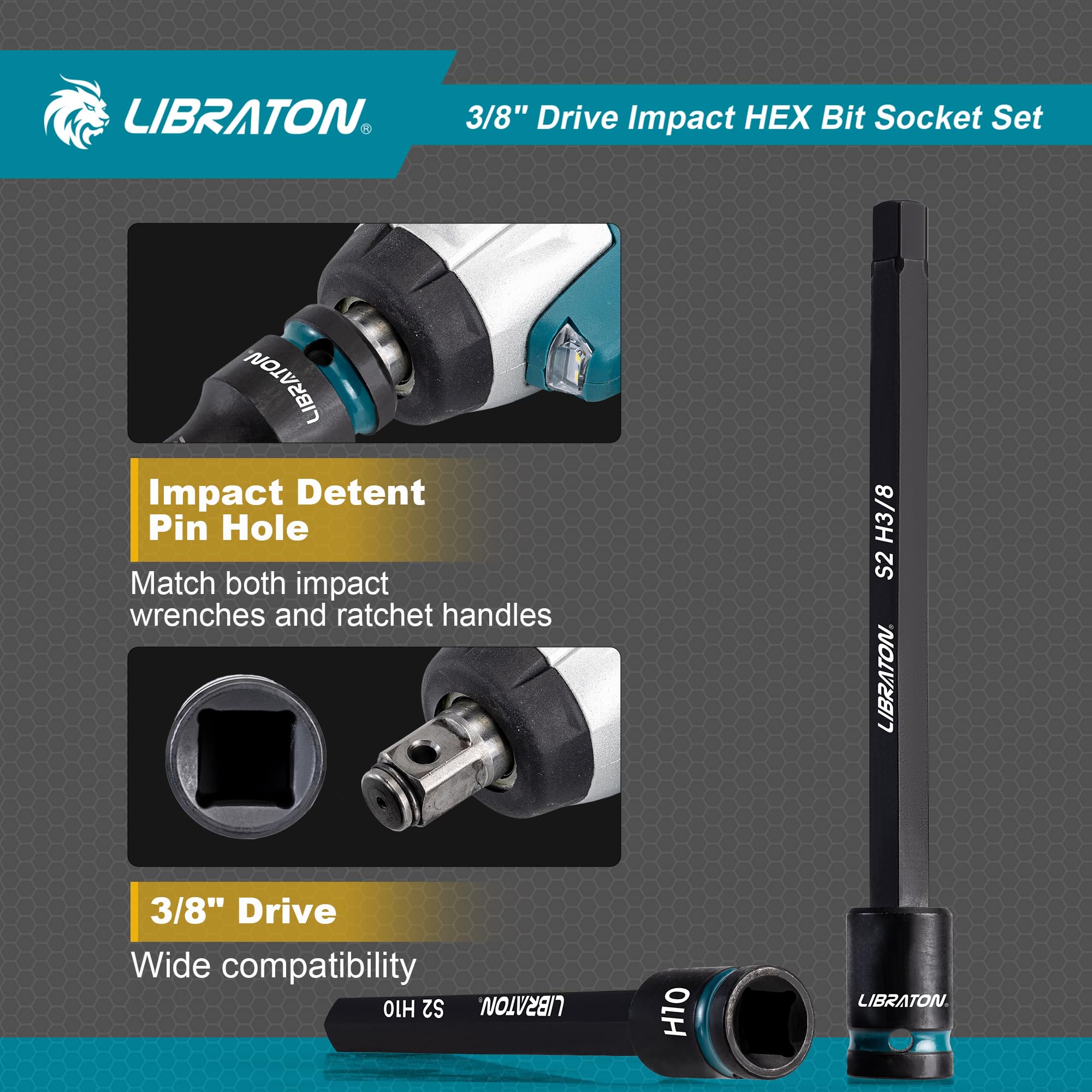LIBRATON 3/8 Drive Impact Torx Socket Set - Extra Long S2 Alloy Steel Star Bits, 24 Pieces, T10-T60, 2 & 6 Length