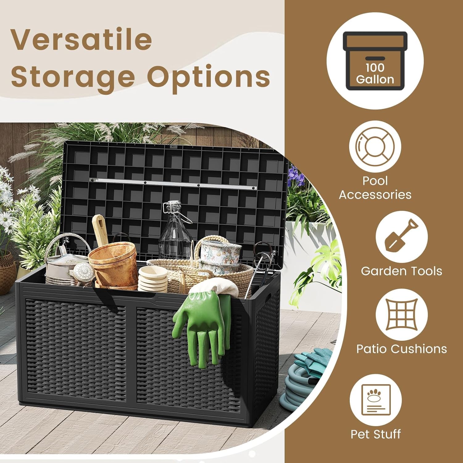 HAPPYGRILL 100 Gallon Resin Deck Box Outdoor Waterproof Storage with Lockable Lid, Rattan Texture Storage Container with Wheels for Pool Accessories, Garden Tool, Patio Furniture Cushion (Black)