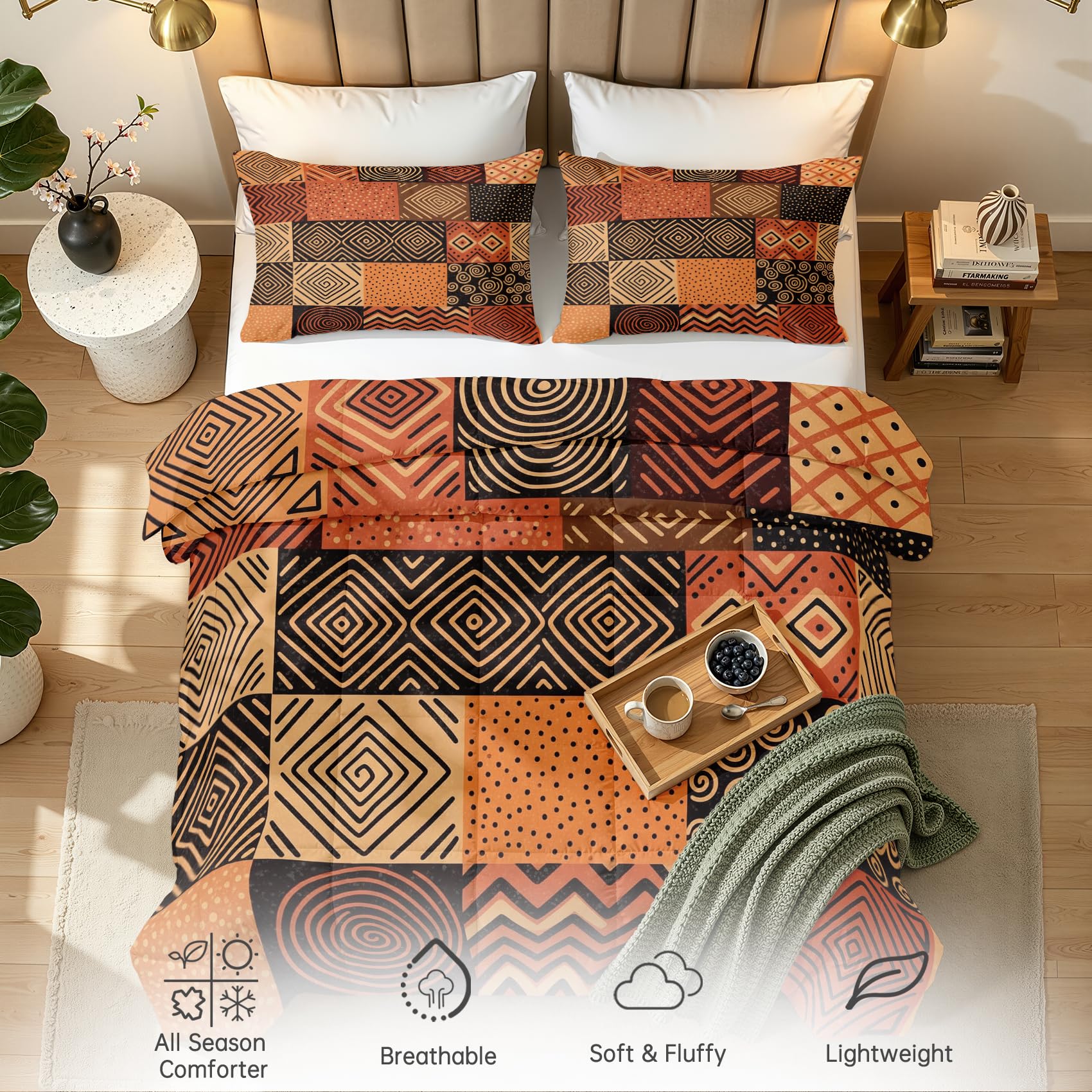 Couette 240x260 4 Saisons Africaine, Duvet 2 Personnes Douce Légère et Chaude, Couette Imprimée Réversible Ethnique Tribal, Edredon avec 2 Taies d'oreiller