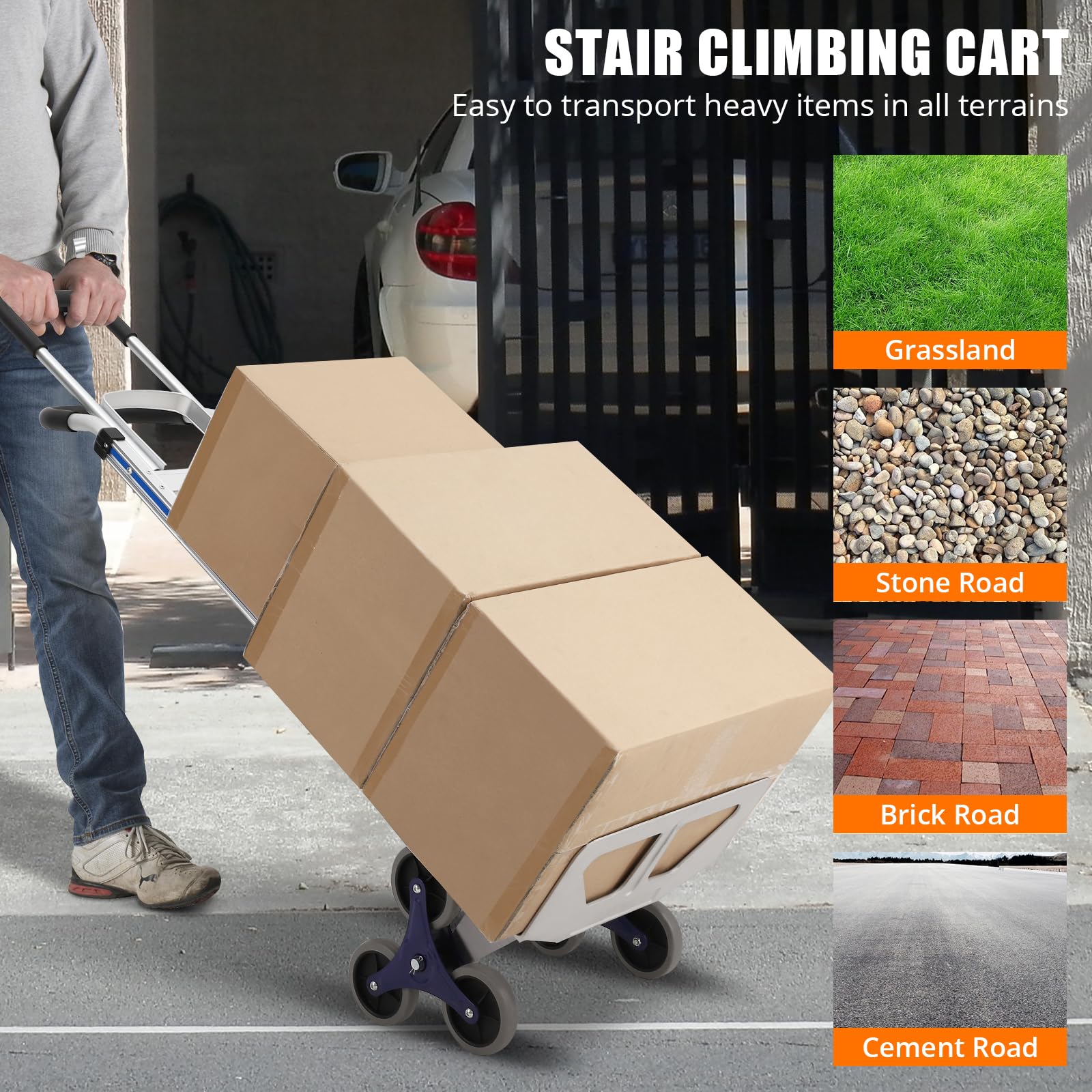 Sackkarre Treppensteiger, Aluminium Schwerlast Transportkarre 200kg Mit 3 Rad Design, Treppenkarre Treppensackkarre Für Allgelände, rutschfeste Basis & Ergonomische Griffe, 152×51.5×46 cm