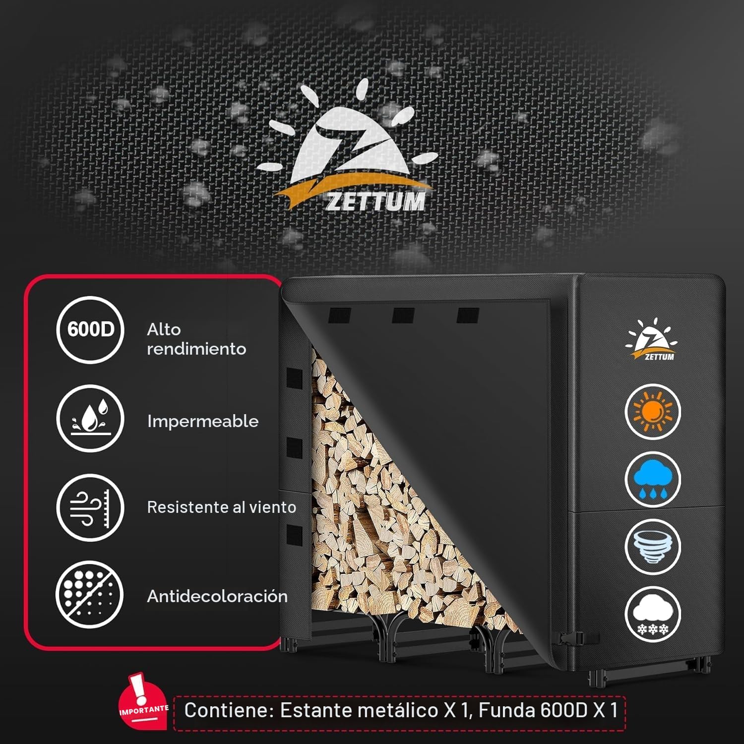 Zettum Leñero de Metal para Exterior 121 x 35 x 121 CM, Leñero con Tapa Revestimiento de PU 600D, Ayuda de apilamiento Impermeable para leña, refugio para leña para jardín y Terraza