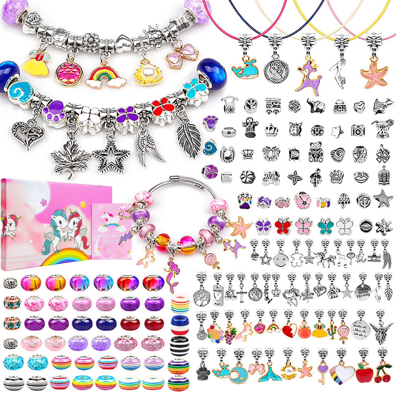 MoonmenJewelry Bracelet Making Kit for Girls, 66PCs Charm Necklace Bracelets Kit with Beads, Jewelry Charms, Bracelets for DIY Craft, Unicorn/Mermaid Crafts Gifts Set (162Pcs)