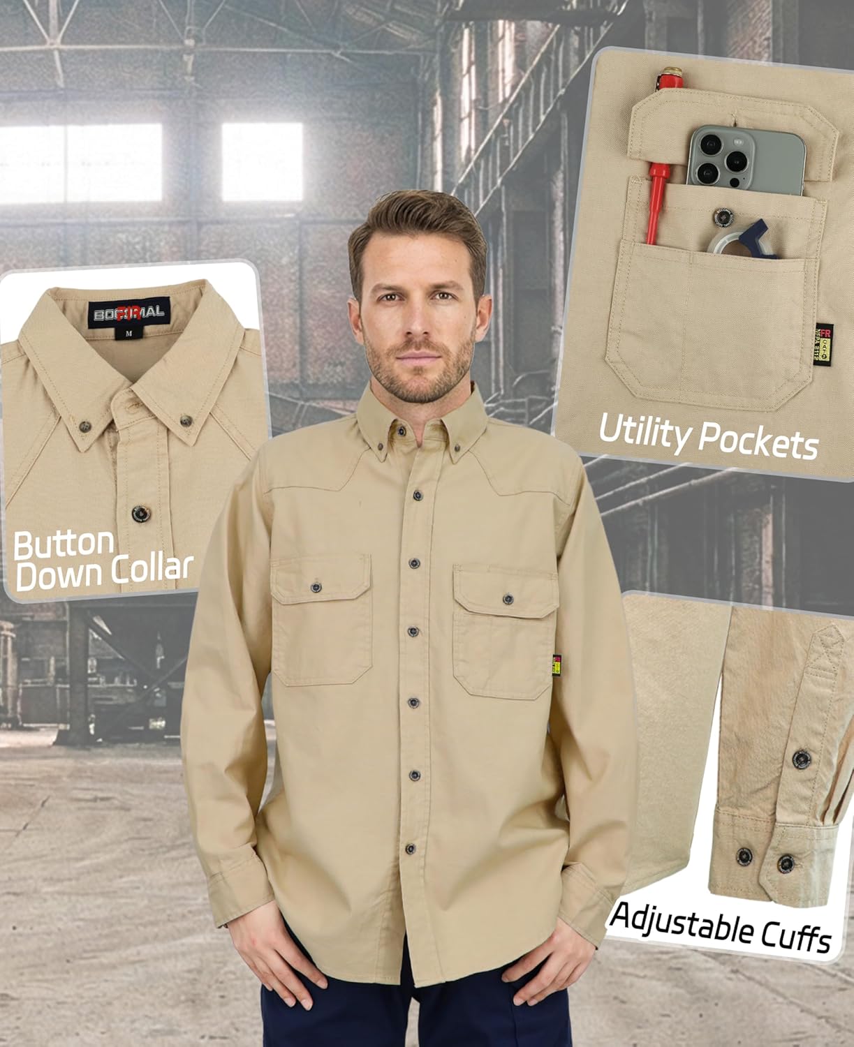 BOCOMAL FR Shirts Button Down Dura-Light 6.5 oz Soft Heather Series Utility Chest Pockets Flame Resistant Work Shirt CAT2