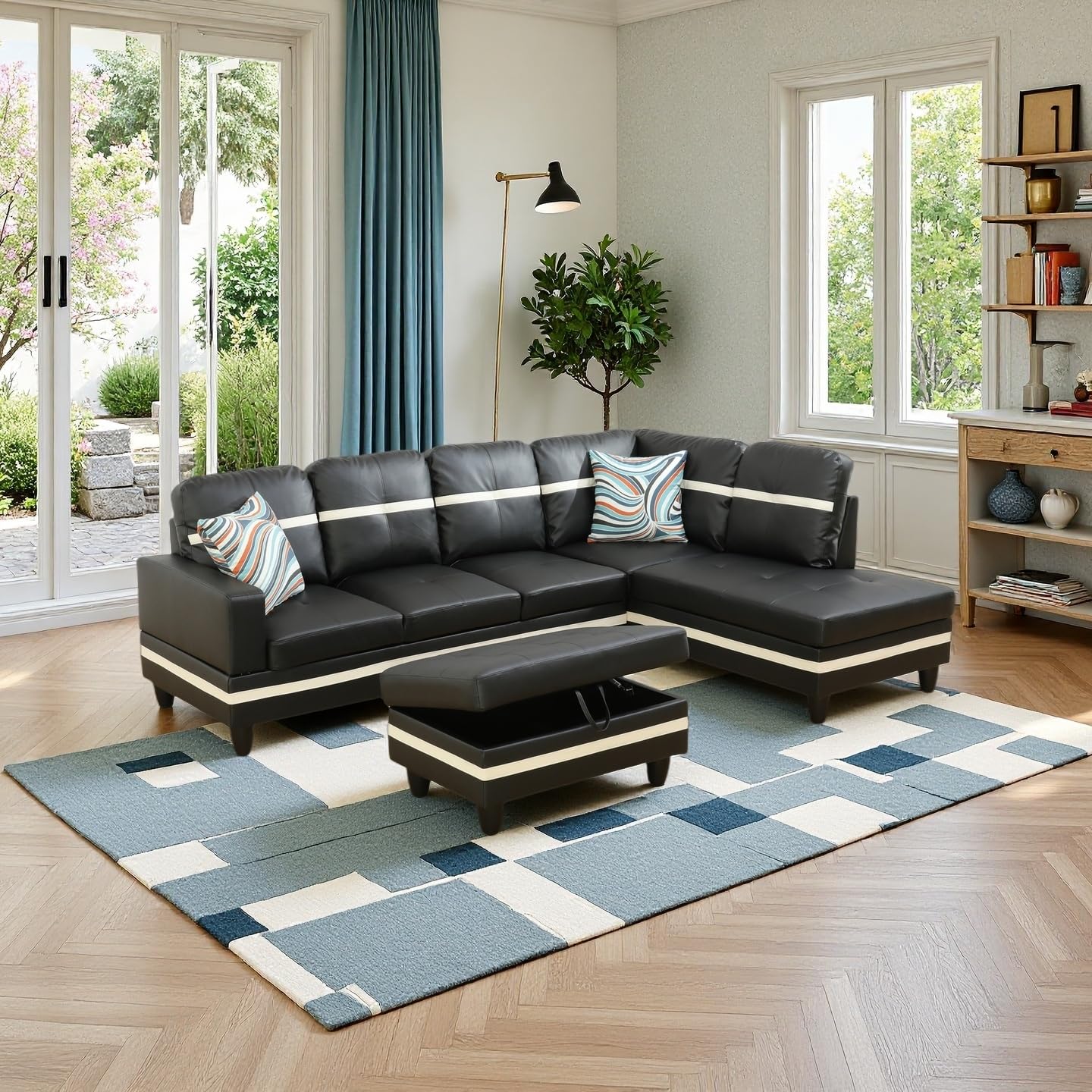 103.5“Black L-Shaped 3pcs sectional couches,Comfortable and wear-Resistant Leather Fabric, with a Storage Ottoman,Suitable for Living Rooms and