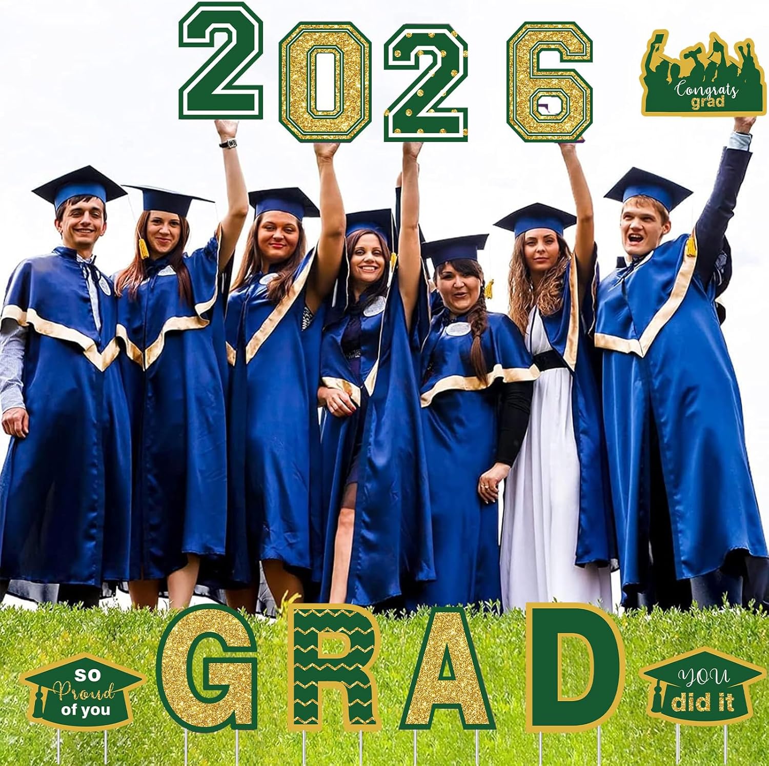Set of 11 Graduation Yard Sign Decorations Congrats Grad Graduation Lawn Signs Class of 2026 Yard Signs with 22 Stakes for Outdoor Graduation Party Pathway Decor Supplies(Green & Gold)