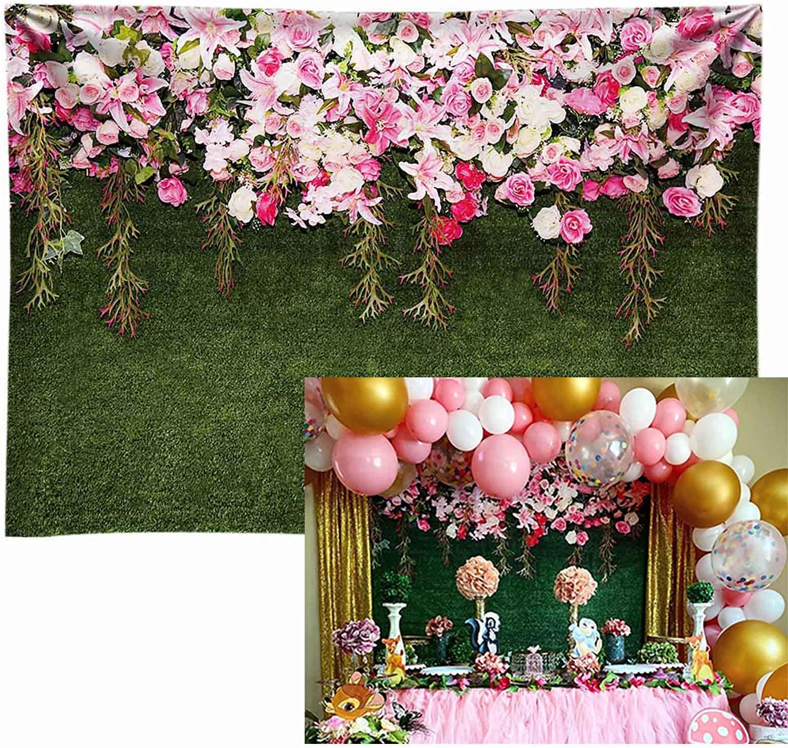 Funnytree 7x5ft Durable Fabric Green Lawn Flower Wall Photography Backdrop No Wrinkles Summer Nature Grass Leaves Floral Background Baby Shower Birthday Wedding Party Decoration Banner Photo Booth