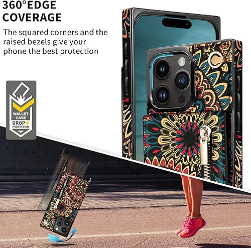 Miniatura 6 de HOGGU Funda compatible con iPhone 15 Pro Max con tarjetero bloqueo RFID, bolso con cremallera, correa cruzada, cierre magnético, de piel floral,