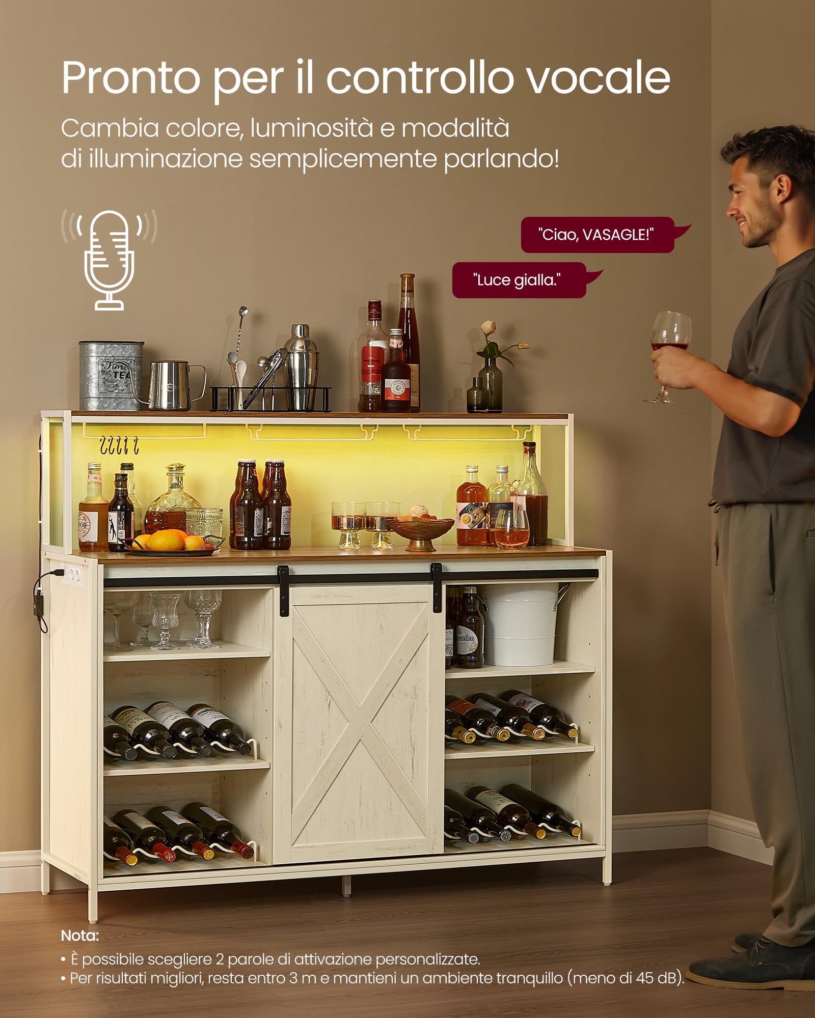 VASAGLE Mobile Bar da Caffè con Multipresa, LED a Comando Vocale, Credenza con Anta Scorrevole, Ganci a S, Portacalici da Vino, Portabottiglie, Bianco Rustico e Marrone Miele LSC201WJ02