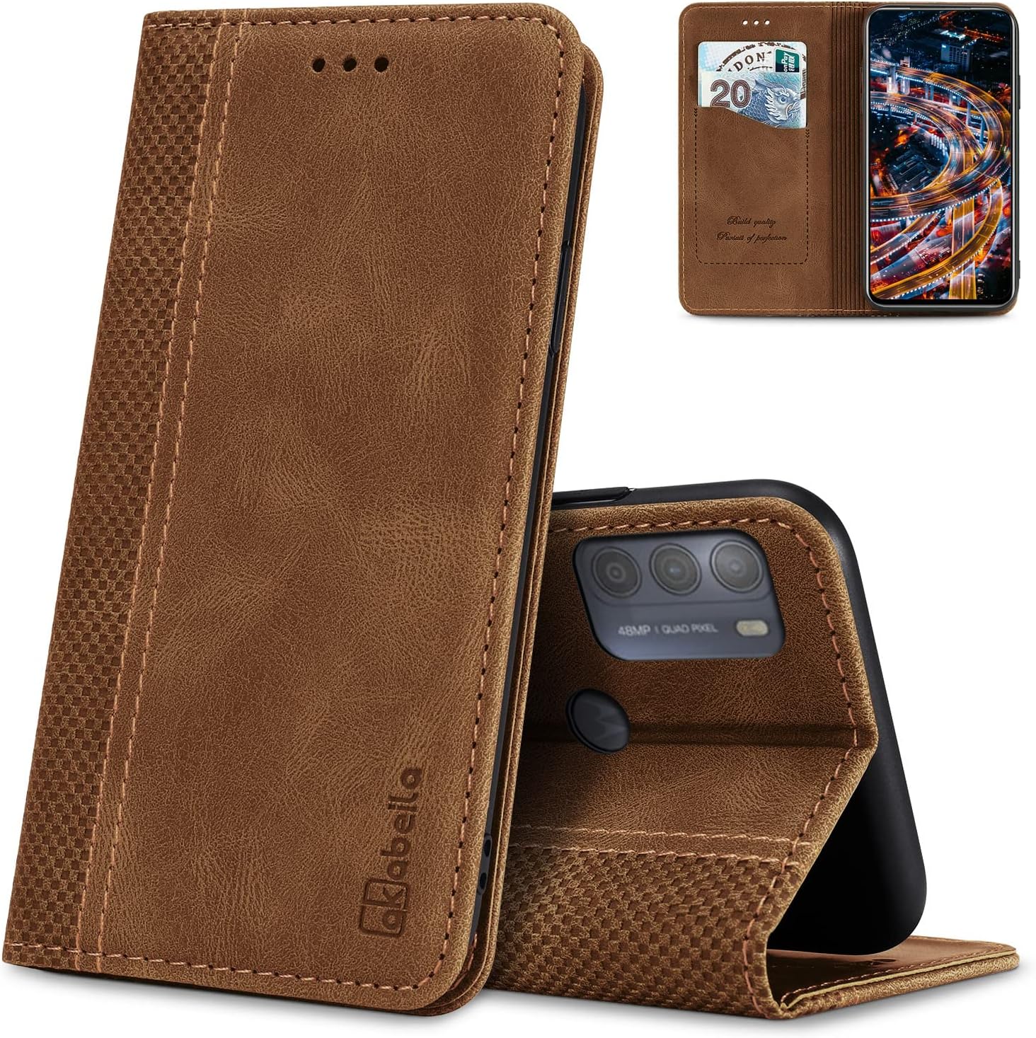 AKABEILA for Motorola Moto G22 Case Luxury PU Leather Flip Wallet Shell Card Holder Magnetic Closure Kickstand Shockproof Bumper Protective Women Men Mobile Phone Cover 6.5" Light Brown