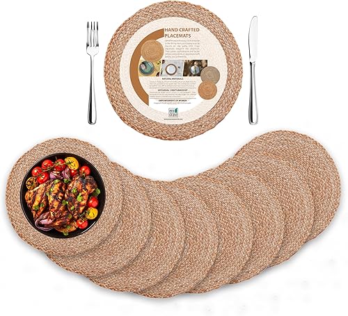 Eco Crave Juego de 8 manteles individuales redondos de yute, 100% naturales, antideslizantes, redondos, de 13 x 13 pulgadas, manteles individuales
