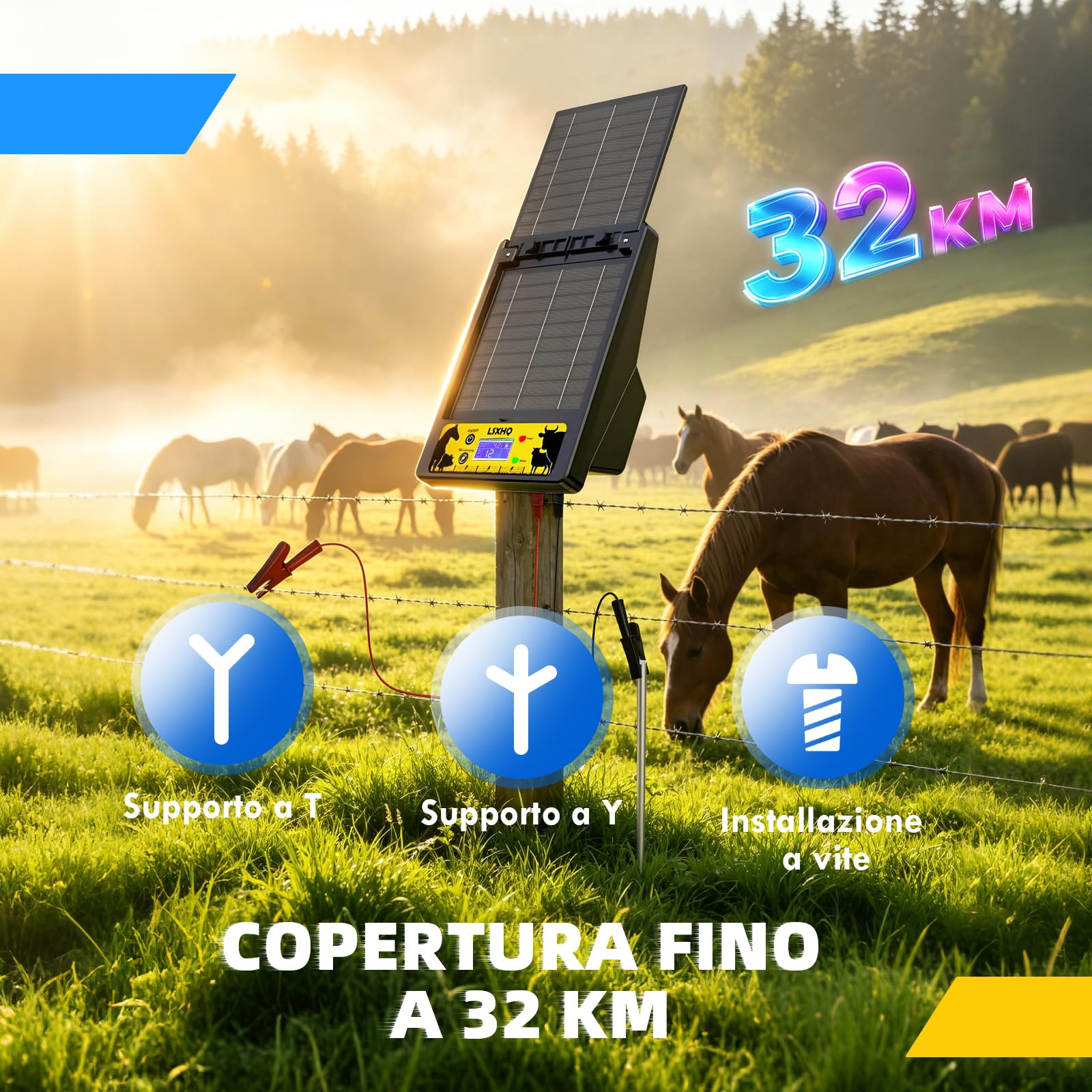 Elettrificatore per Recinti Solare 32 KM, 0.3-2J, 6KV-12KV Regolabile, Portata, Elettrificatore con Pannello Solare 10W, Batteria al Litio 18000mAh, Protezione Sicura per Giardini, Pollame(Nero)
