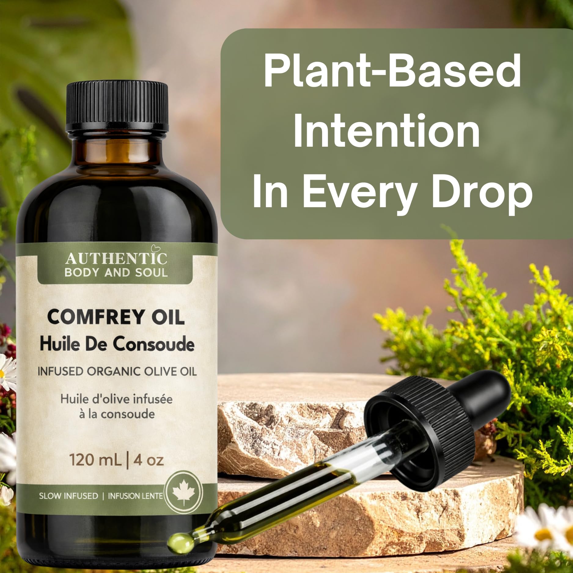 Comfrey Oil – Leaf & Root, Undiluted 4 oz, Free of Toxic Pyrrolizidine Alkaloids, Unscented Comfrey Infused Organic Cold-Pressed Olive Oil for Skin, Body & Massage Infusion, Dry Skin, Natural Moisturizer | External Use Herbal Blend | Symphytum Officinale | Slow-Infused Botanicals | Authentic Body And Soul - 5