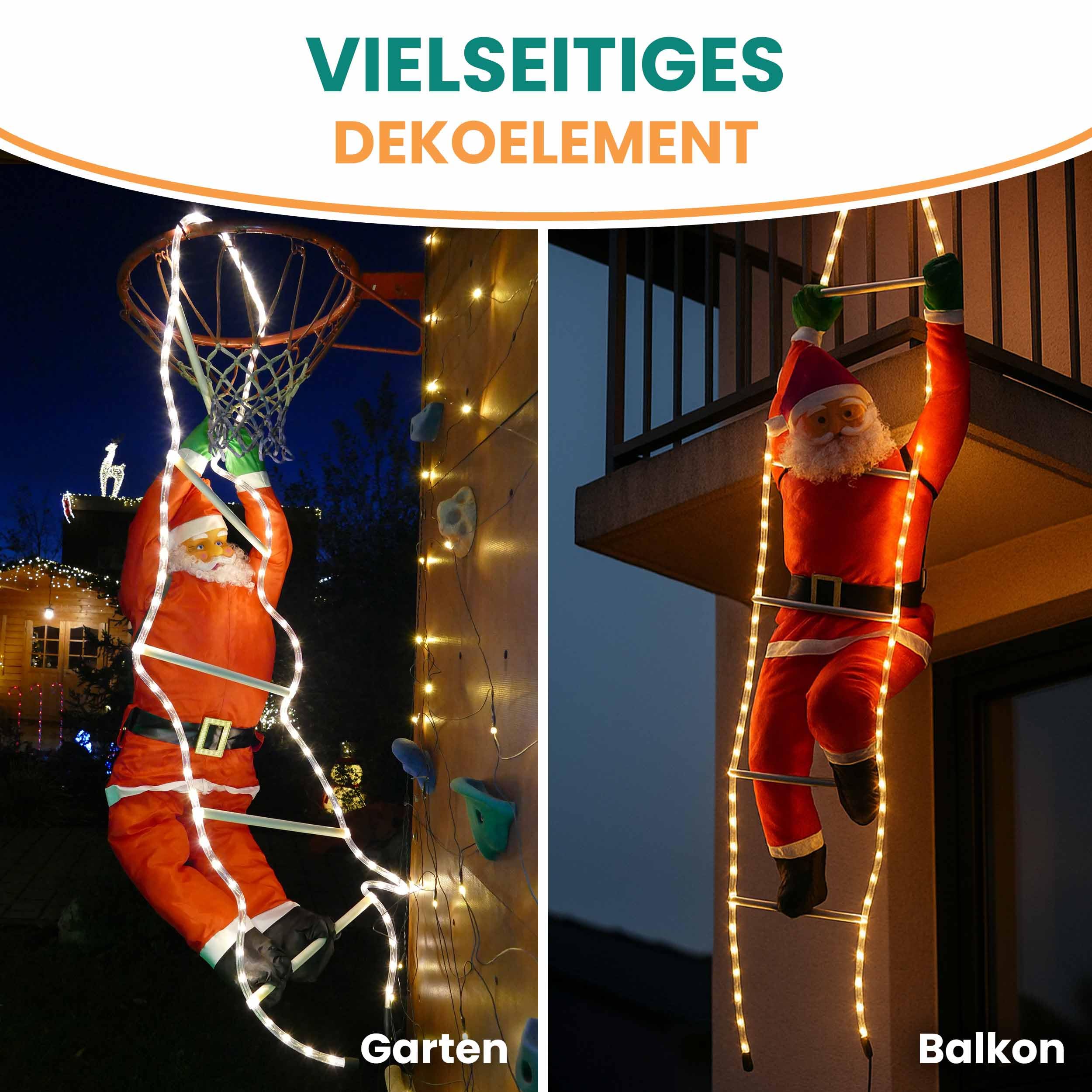 Gartenpirat Weihnachtsmann auf Leiter 200 cm LED-Lichtschlauch warmweiß Deko Nikolaus Weihnachtsdekoration Weihnachtsfigur innen außen
