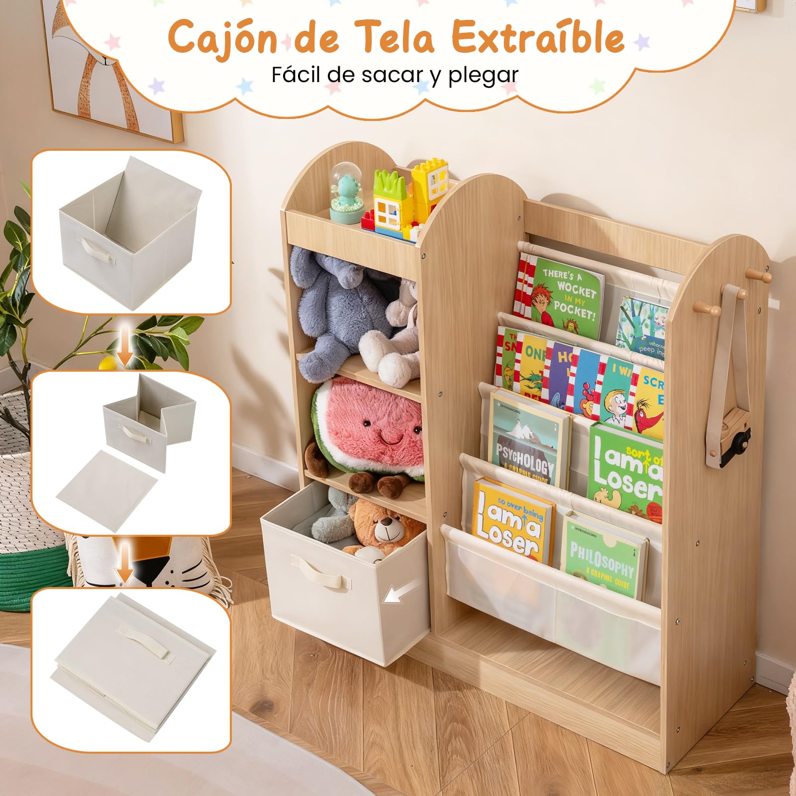 COSTWAY Librería Infantil, Estantería Infantil para Libros con Espejo de Cuerpo Entero, Cajón y Estantes de Tela de 4 Niveles, Librería Montessori para Sala de Juegos para Niños de 3+ Años (Natural)