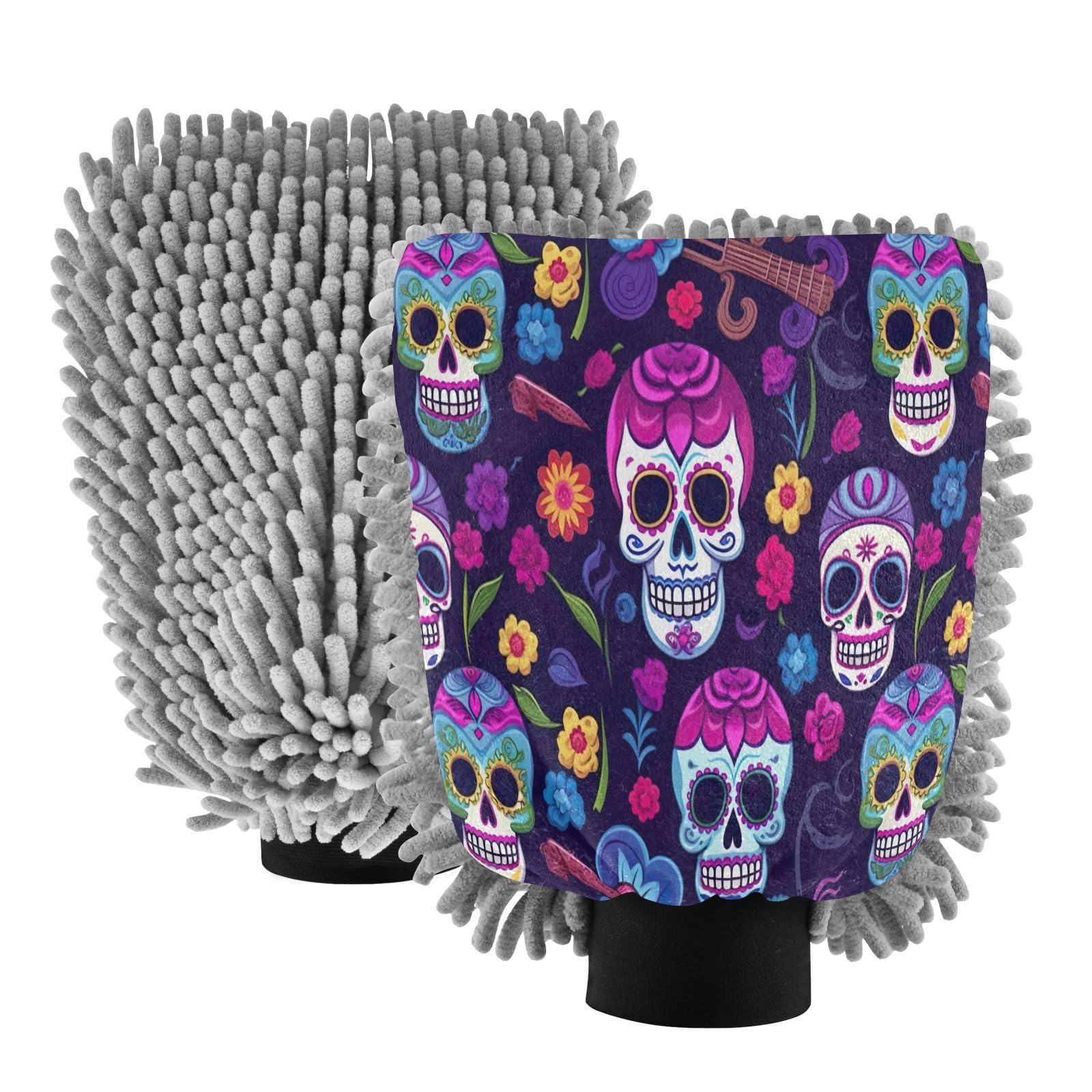 Flradish 2 Pack Skull Flower Car Wash Mitt Chenille Microfiber Lint-Free Scratch Free Ultra-Soft Absorbent Car Wash Mitt 10.2x7.09 Inch