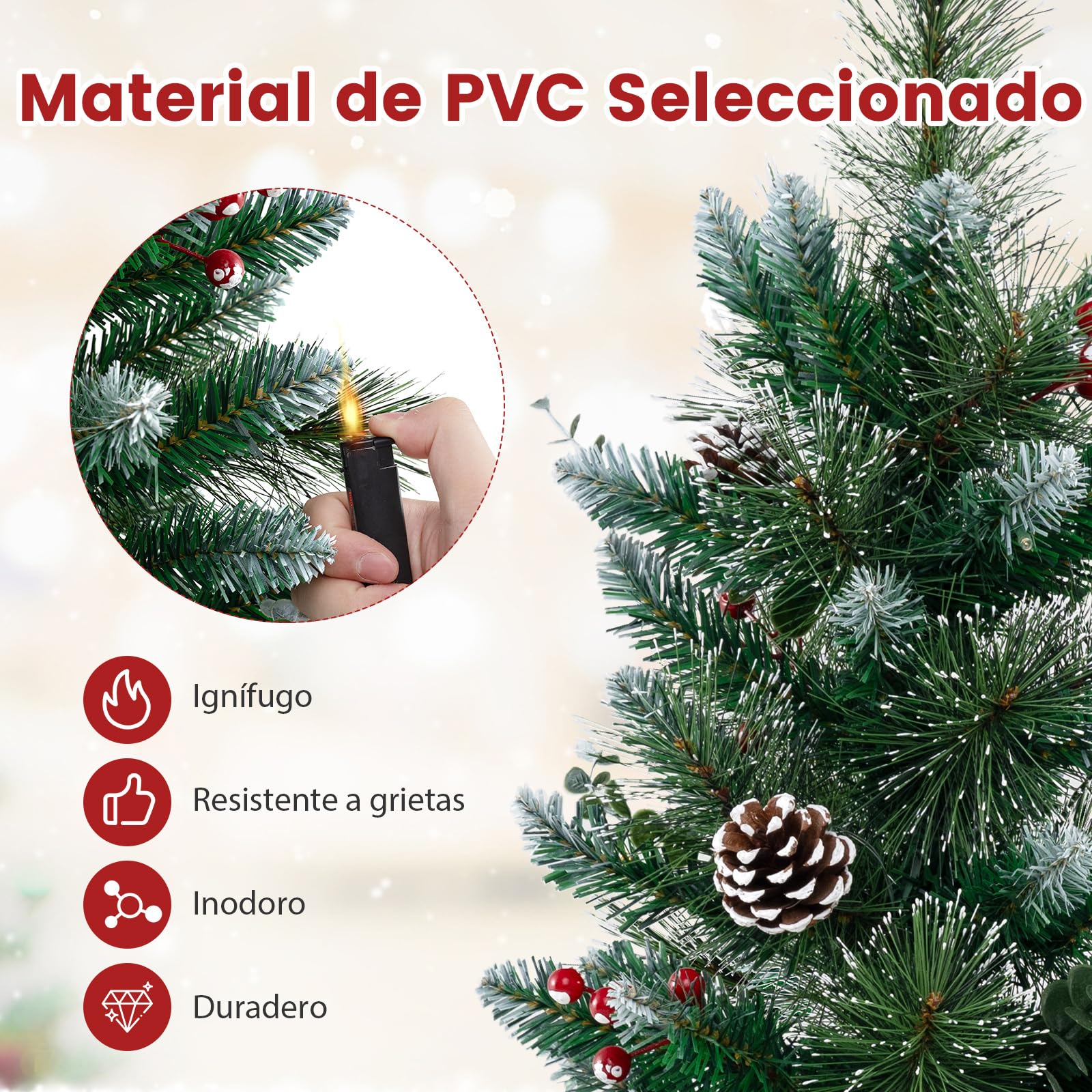 COSTWAY Mini Árbol de Navidad con Luces 90cm, 20 Luces Blancas Cálidas, 8 Modos, Temporizador, 81 Puntas de PVC y Pino, 5 Piñas y 8 Bayas Rojos, Árbol de Navidad Nevado Pequeño de Mesa/Escritorio