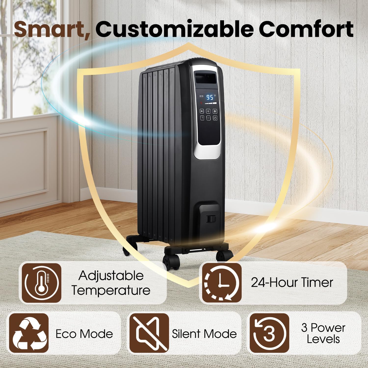 TMWINGS Oil Filled Radiator Heater control panel showing adjustable temperature, 24-hour timer, Eco Mode, Silent Mode, and 3 Power Levels