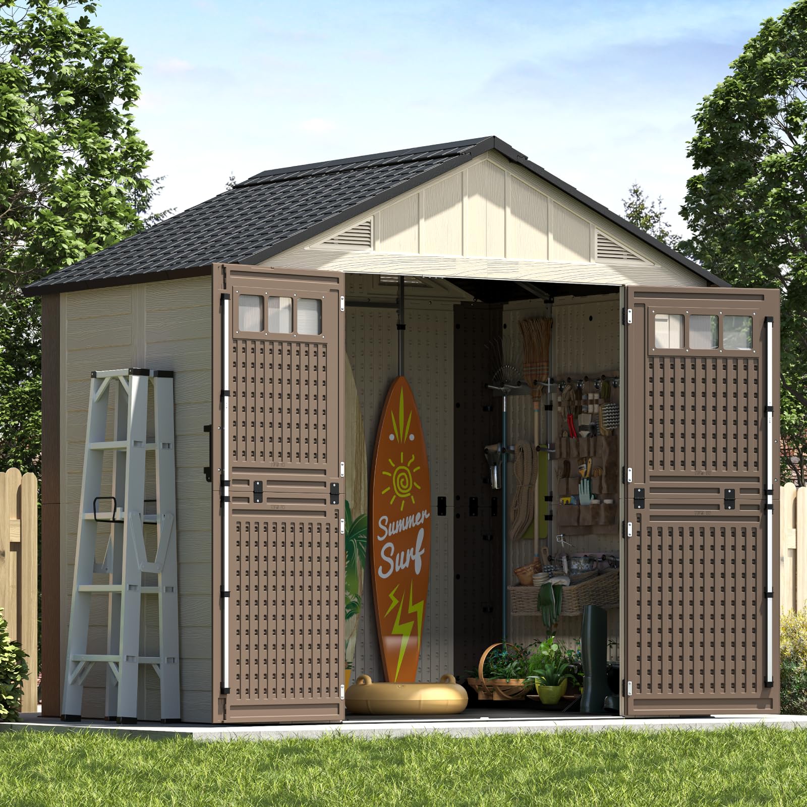 8x6 Ft Outdoor Storage Shed with Floor, Large Resin Outdoor Shed with Lockable Doors &amp; 2 Fixed Windows, HDPE Garden Sheds Weatherproof for Backyard, Lawn Tools, Pool &amp; Bike Supplies, Khaki