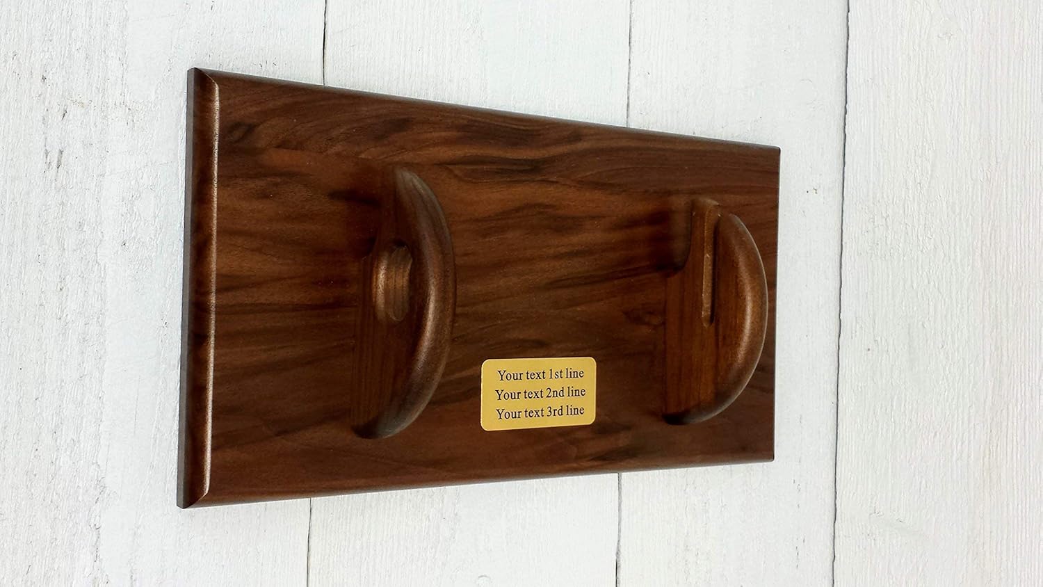 KA-BAR USMC Knife Display Holder Solid Walnut Wood Custom Personalized Text. Handmade in Oakville, MD, USA.