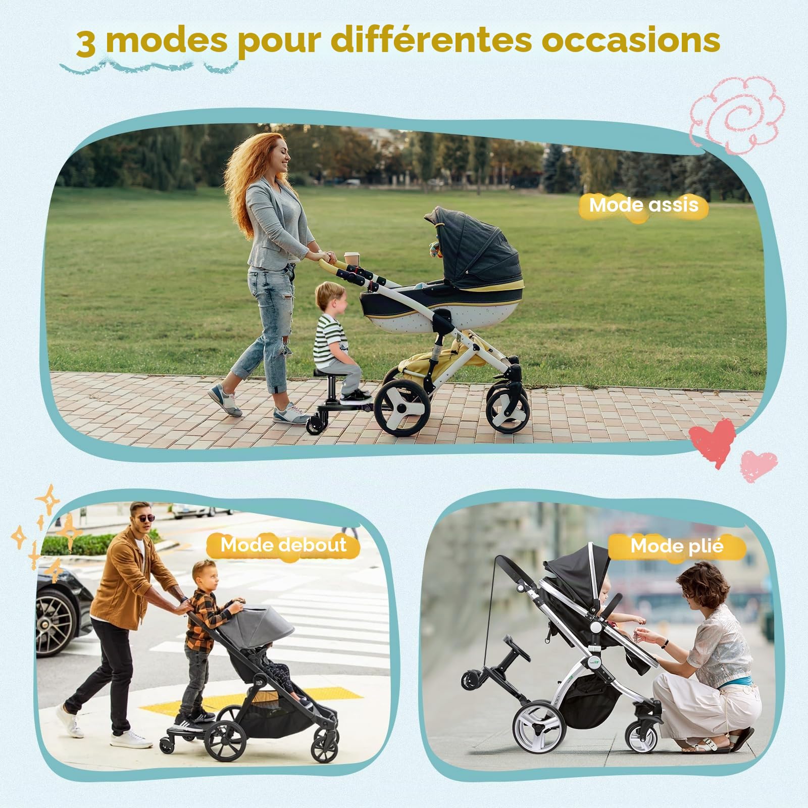 Planche Poussette Universelle avec Siège Agrandi, Marche Pied Poussette, Planches à roulettes pour bébé Compatible Avec 99% des Poussettes, Pour les Enfants de 2 à 6 ans(25kg)