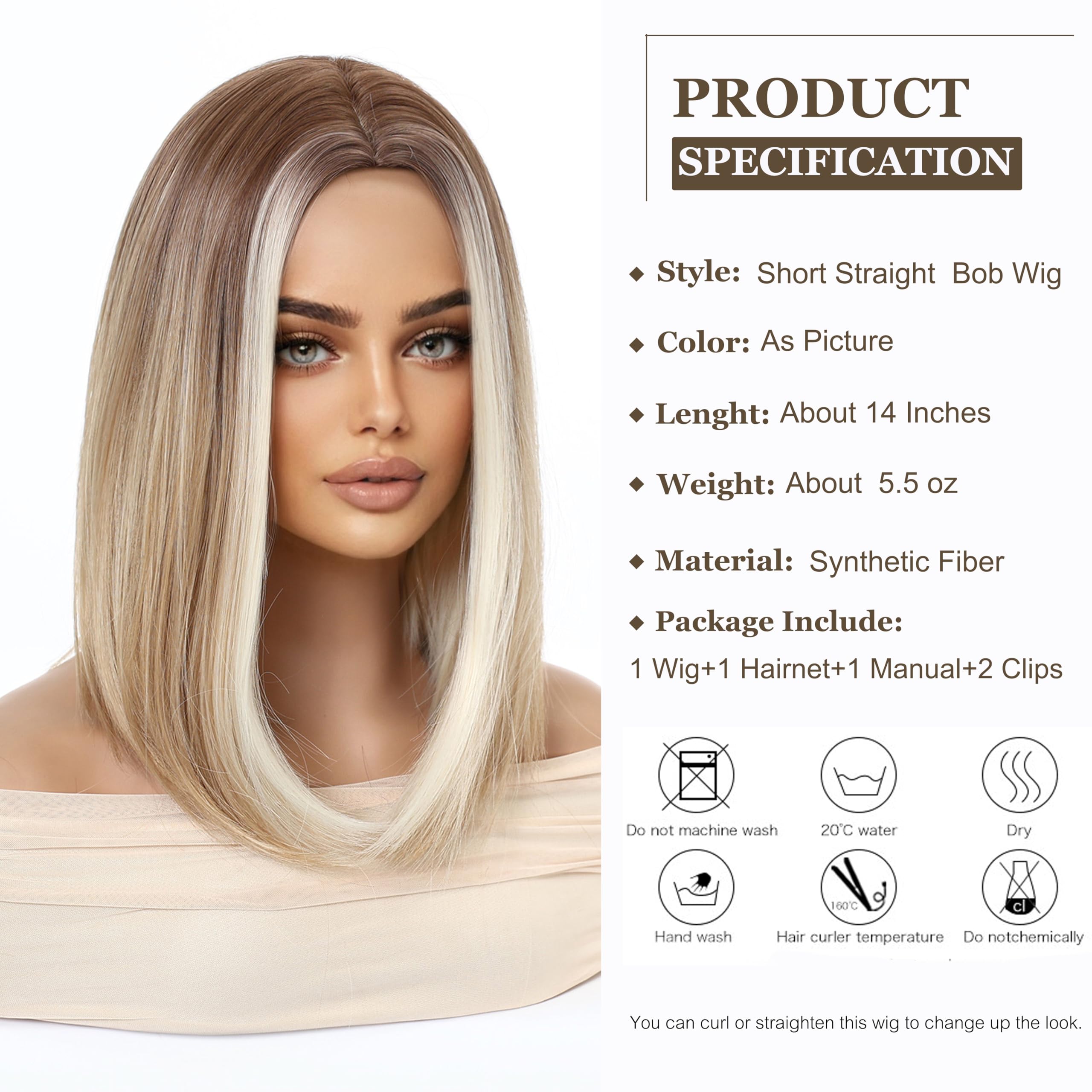 Esmee Krótka Prosta Blond Bob Peruka dla Kobiet Naturalne Syntetyczne Włosy Ombre Peruki z Brązowymi Korzeniami Cosplay Codzienne Użycie Imprezy -14 Cali