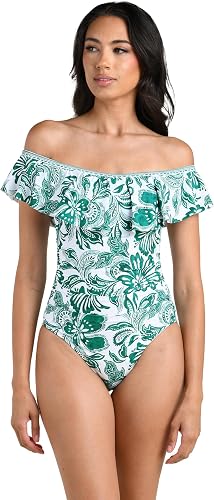 La Blanca Women's One Piece Swimsuit Off Shoulder Ruffle Bathing Suit, Jungle, 4