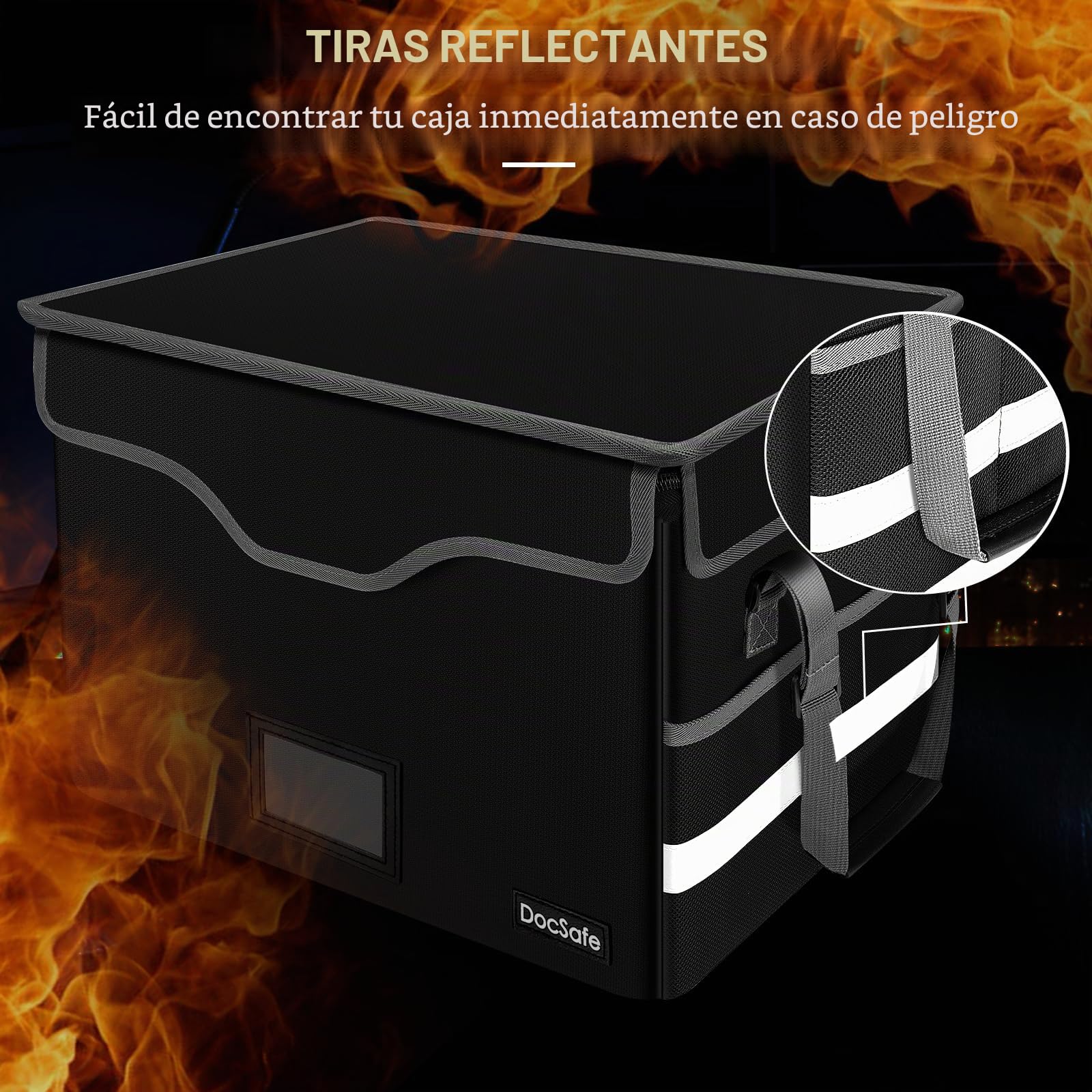 DocSafe, Caja ignífuga organizadora de documentos con cerradura y bolsillos de malla, portátil y plegable para oficina en casa, archivo seguro con asa para colgar carpetas de cartas/legales, negro