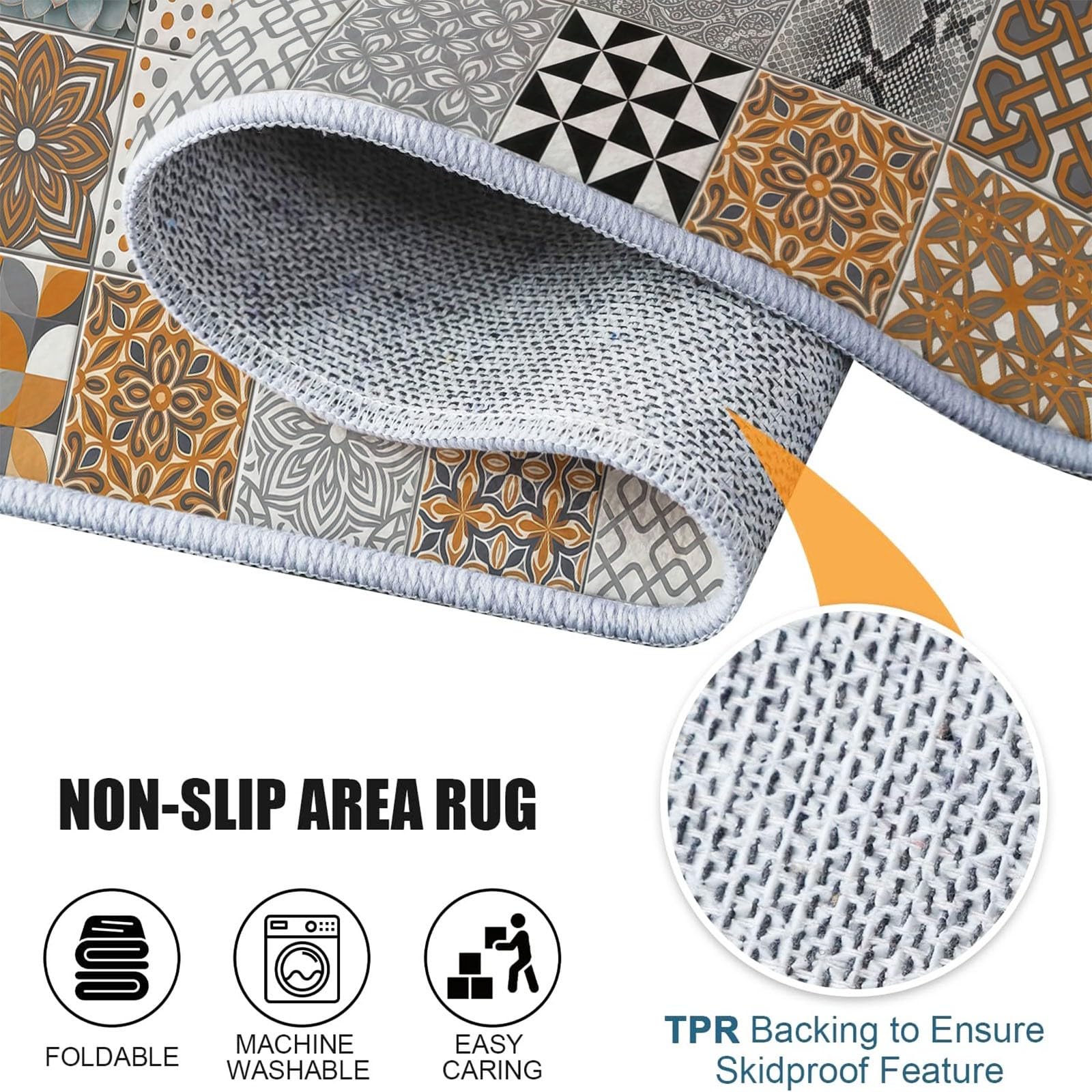 Tapis à poils ras de salon 100 x 150 cm, Antique Brun Lavable en Machine Carreaux De Céramique Géométriques Floraux Mailles Imprimé moquette, Pare-humidité Antidérapante Doux Tapis pour Salle à manger