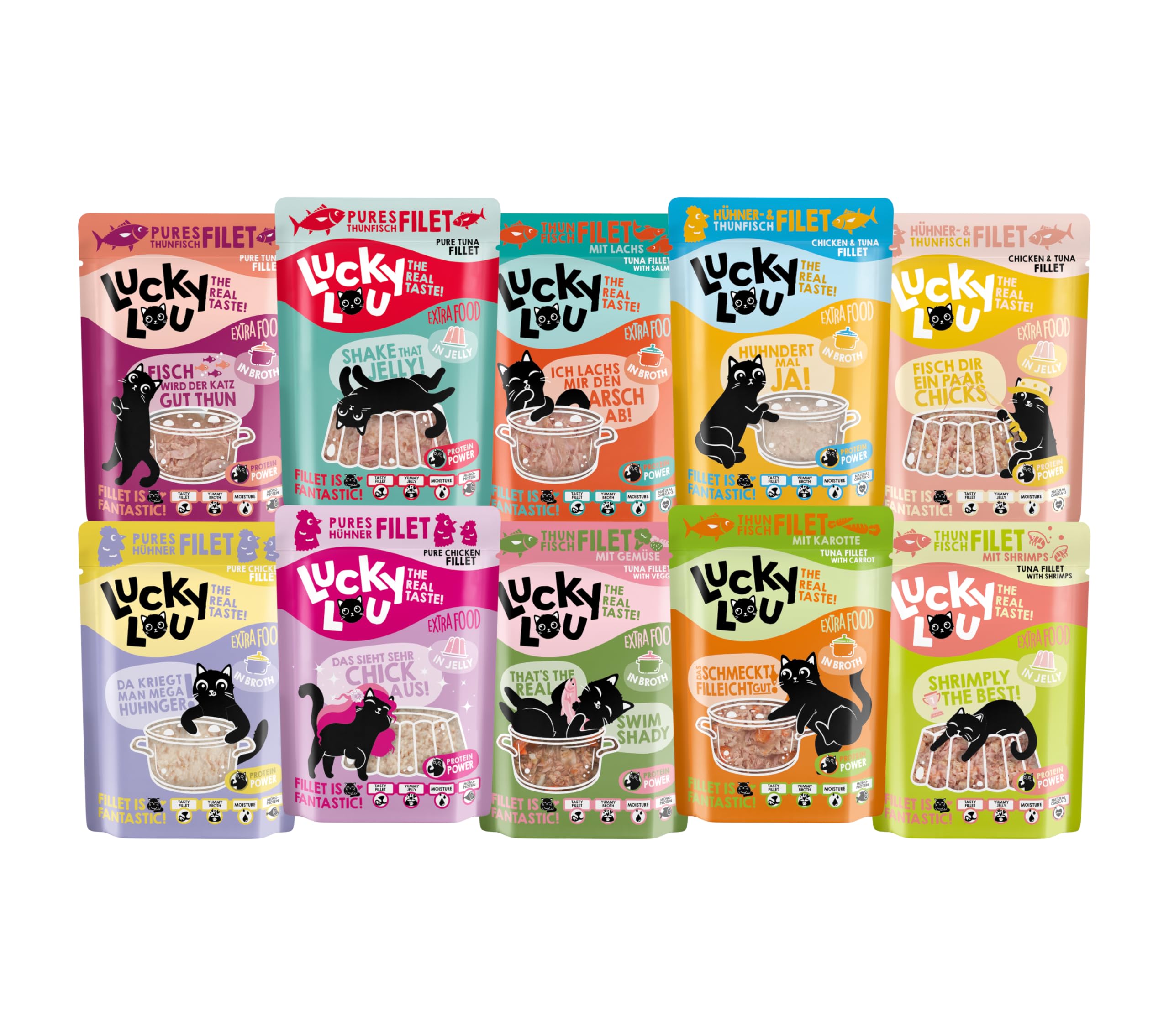 Lucky Lou Extrafood - Confezione da 36 x 70 g, cibo per gatti bagnato, di alta qualità con molte proteine, cibo umido senza cereali e senza zucchero, per gatti in sacchetto (36 x 70 g, mix di 10