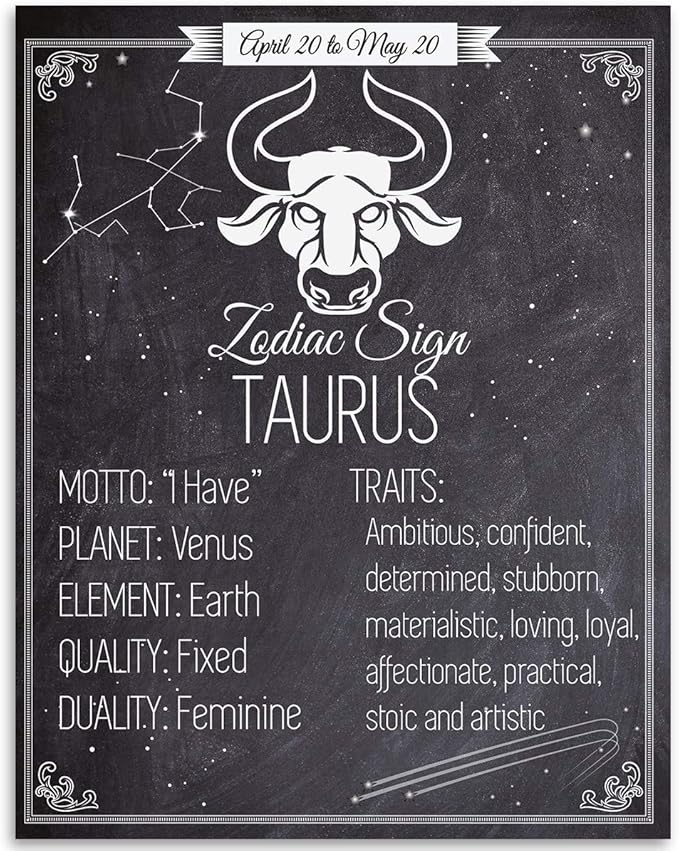 Astrology Posters - Zodiac Sign Taurus, The Bull -11x14 Unframed Art Print - Great Vintage Zodiac Poster, Astrology and Aptitude Vintage Home Wall Decor for Astrology Enthusiasts