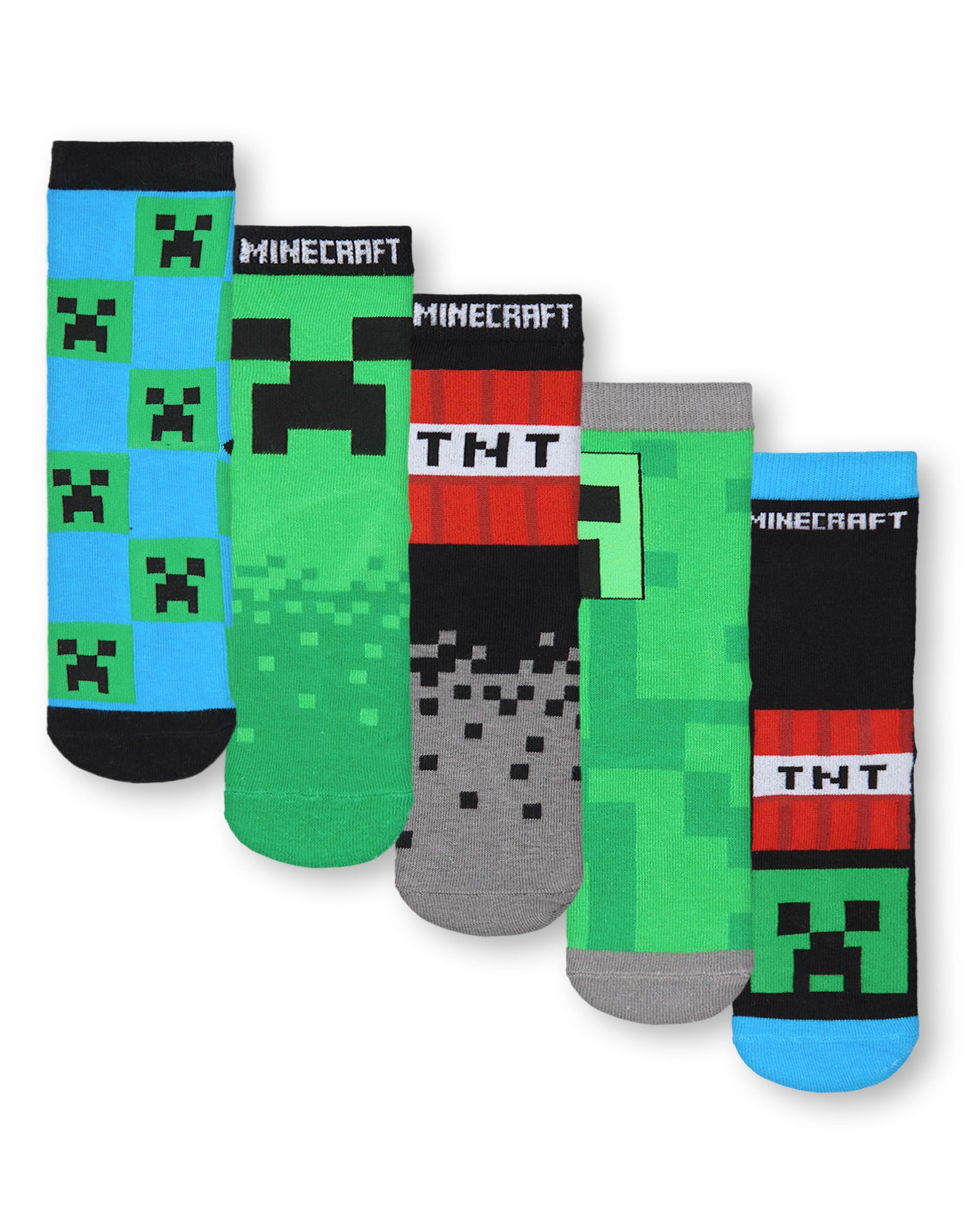 Minecraft Boys Socks Set of 5 | Childrens Character Calf Socks with Creeper and TNT All Over Print in Black, Green and Blue | Kids 5 Pack Socks for Gamers | Mojang Games Merchandise Gift